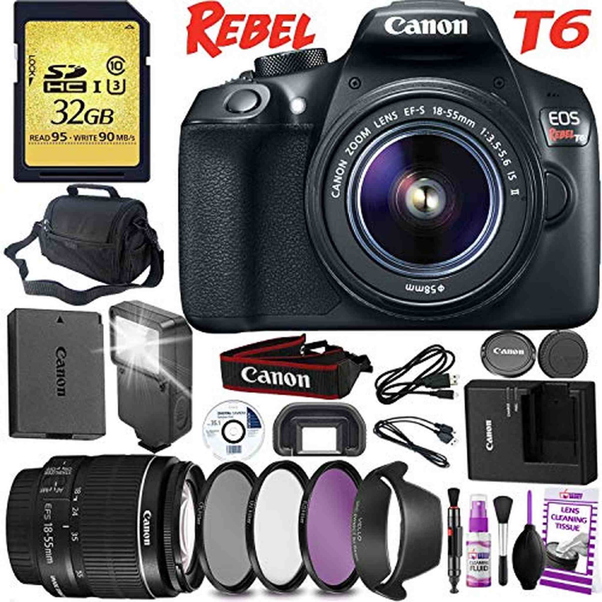 Canon EOS Rebel T6 DSLR Camera 18-55mm Lens Carrying Case Cleaning Kit Bundle Canon