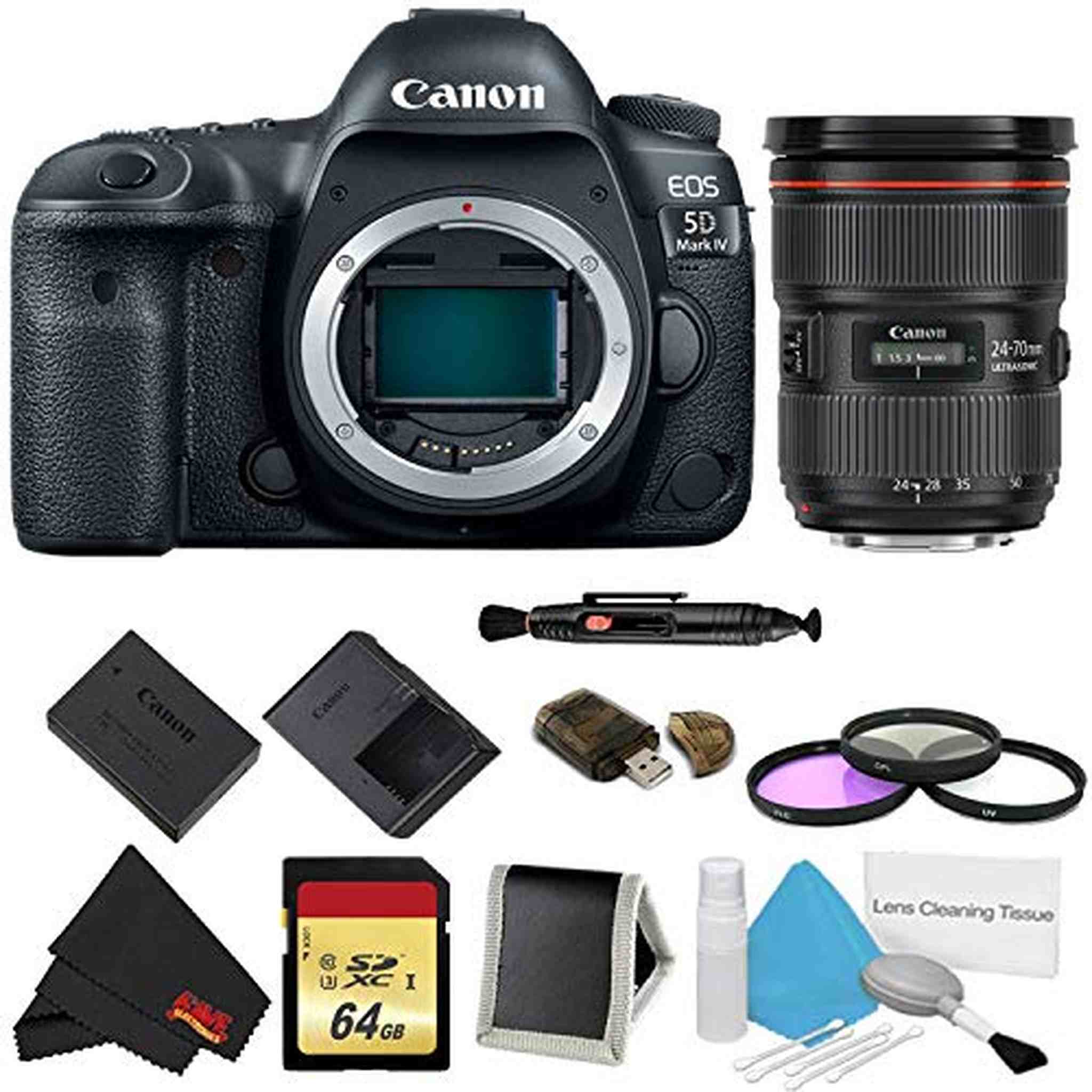 Canon EOS 5D Mark IV DSLR Camera Body Only 3 Piece Filter + Memory Kit w/ 24-70mm F/2.8L II USM Lens - International M Canon