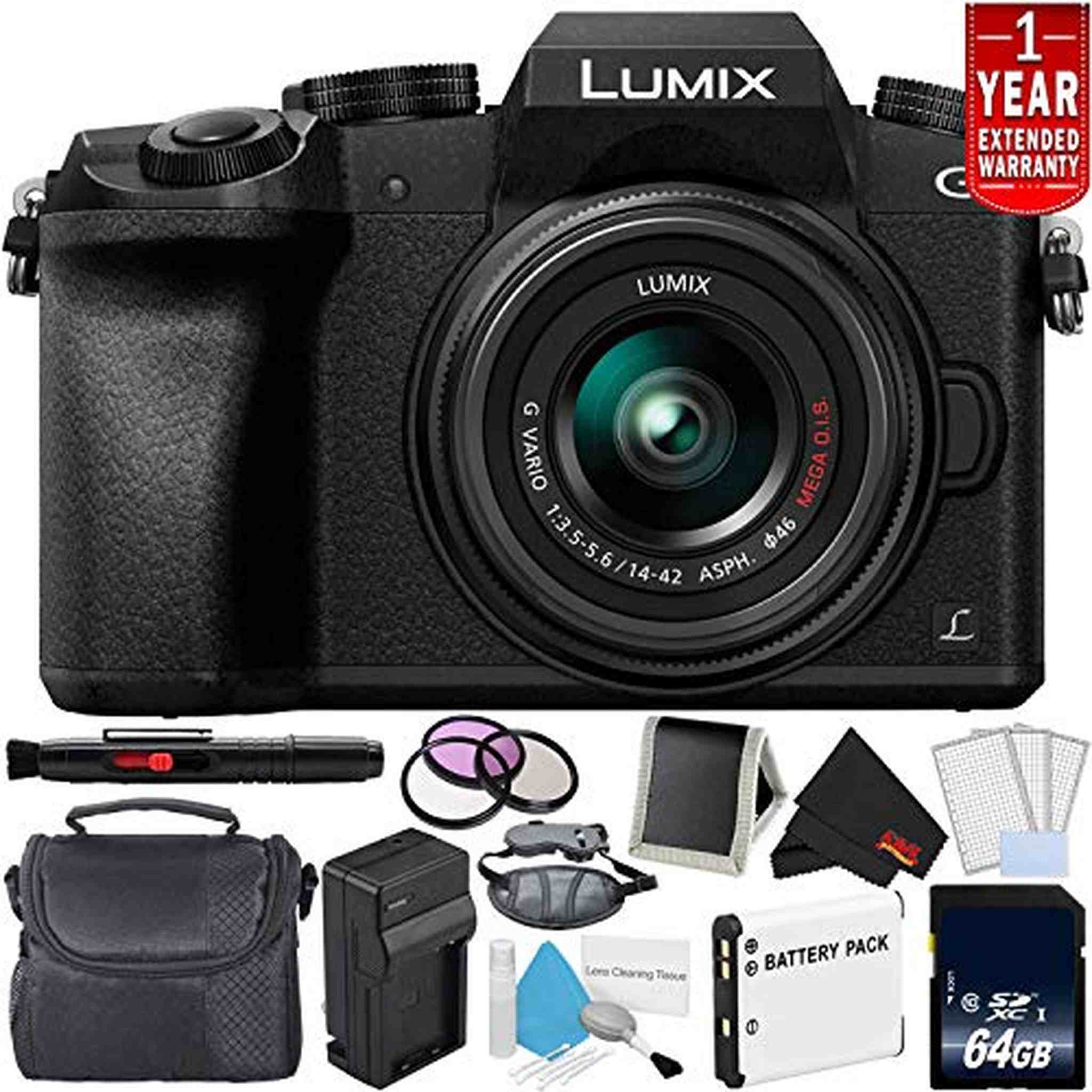 Panasonic Lumix DMC-G7 Mirrorless Digital Camera with 14-42mm Lens - Bundle with 1 Year Extended Warranty, 64GB Memory C Panasonic