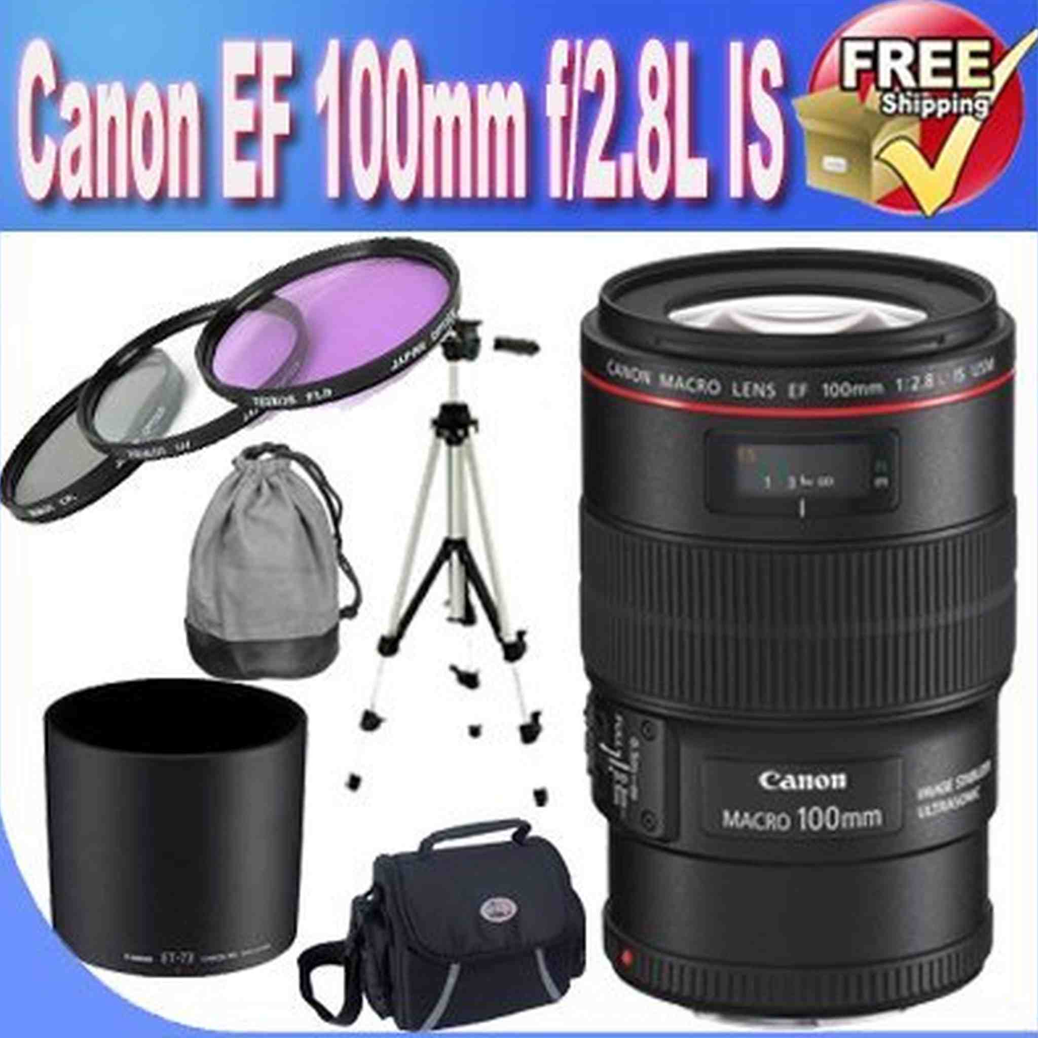 Canon EF 100mm f/2.8LMacro is USM Lens for Canon SLR Cameras + 67mm 3 Piece Professional Filter Kit + Professional Full Size Tripod + Lens & Camera Cleaning Kit + Deluxe SLR Camera Case W/Strap!!