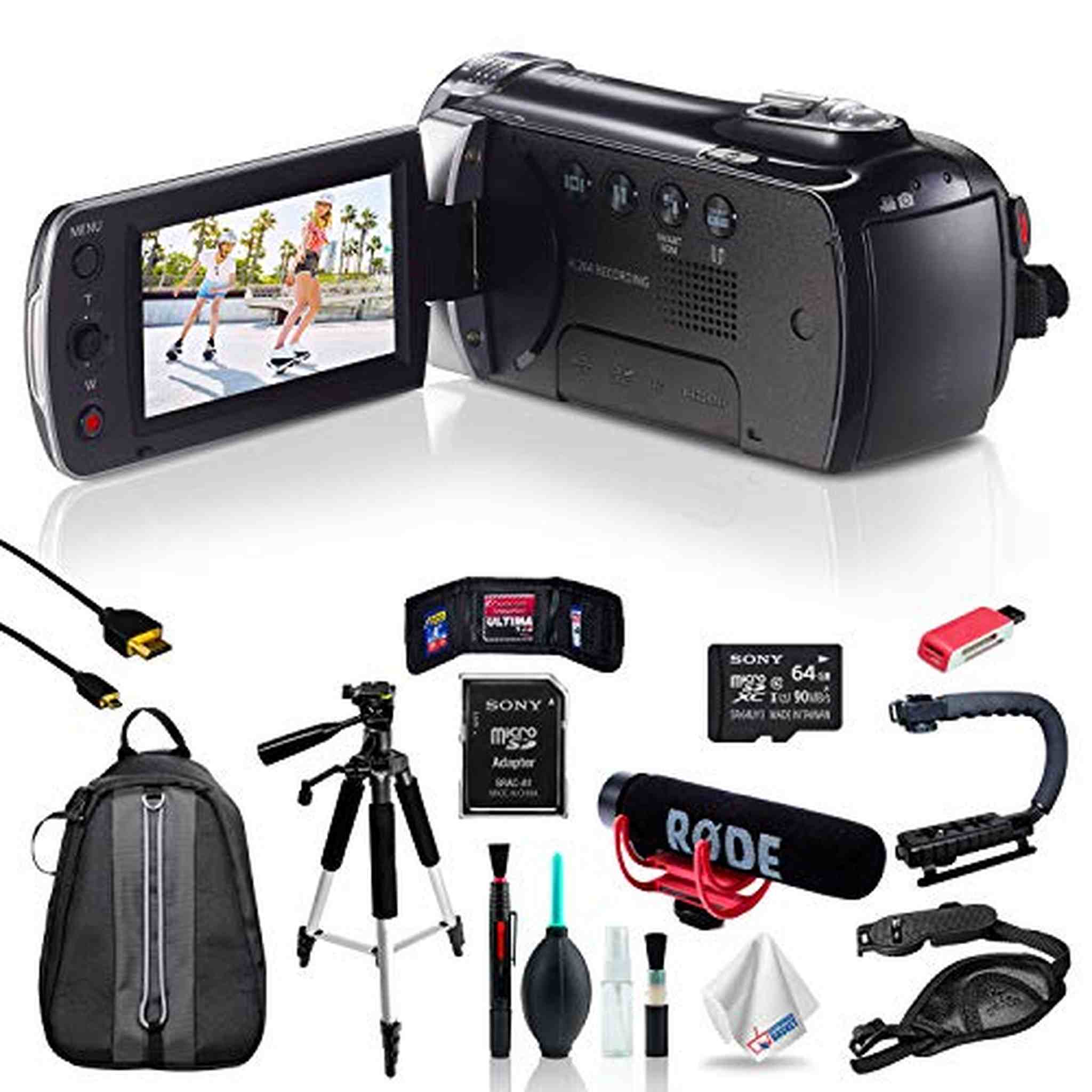 Samsung HMX-F90 Black Camcorder + 64GB mSDXC C10 Memory Card + Rode Microphone + Hands-Free Shoulder Mount Stabilizer Pro Bundle Samsung