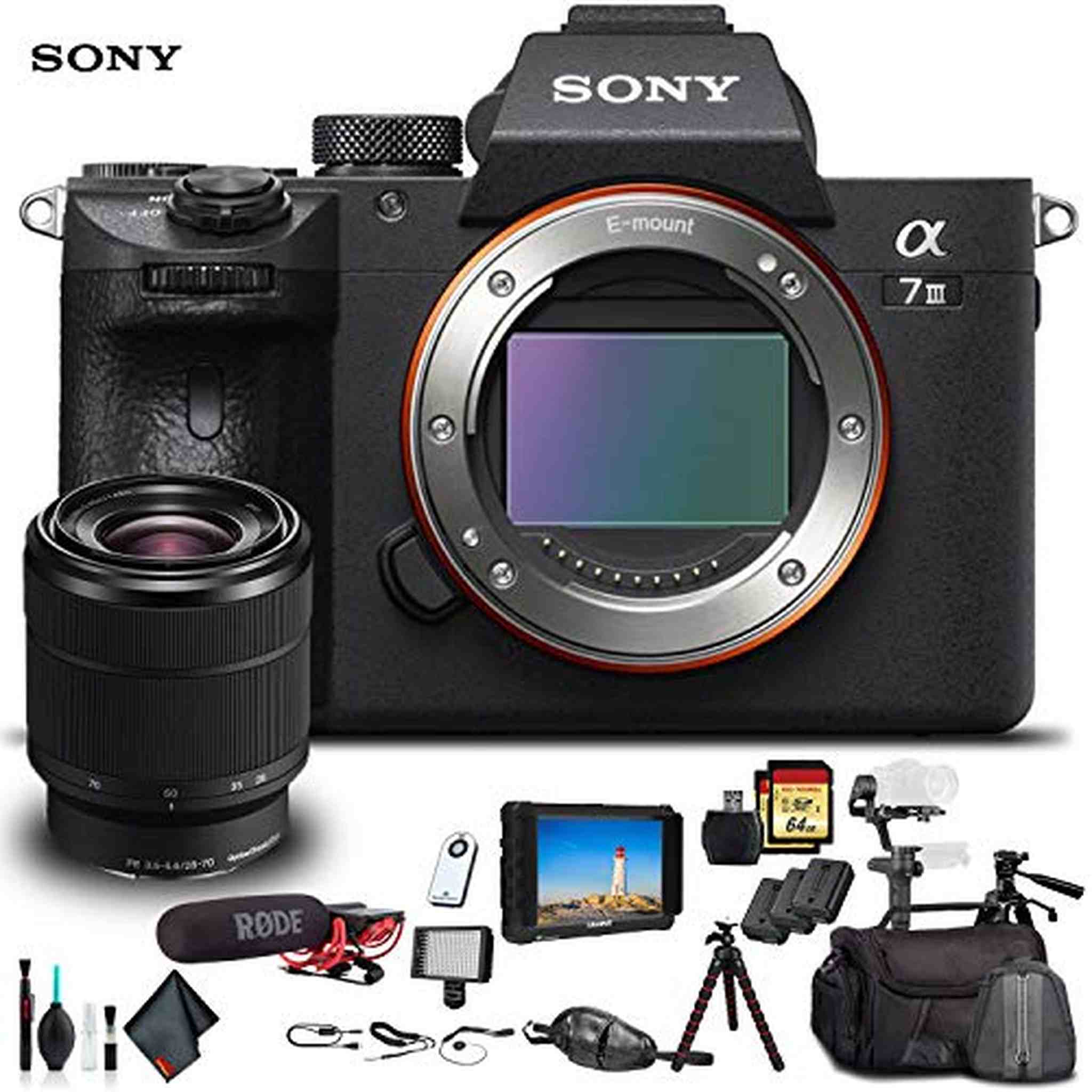 Sony Alpha a7 III Mirrorless Camera W/ 28-70mm Lens ILCE7M3K/B W/ Soft Bag, Zhiyun-Tech WEEBILL Stabilizer, Tripod, 2x Extra Batteries, Rode Mic, LED Light, 2x 64GB Cards, External Monitor and More. Sony