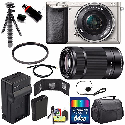 Sony Alpha a6000 Mirrorless Digital Camera with 16-50mm Lens Silver + Sony E 55-210mm f/4.5-6.3 OSS E-Mount Lens 64GB Travel Bundle Sony