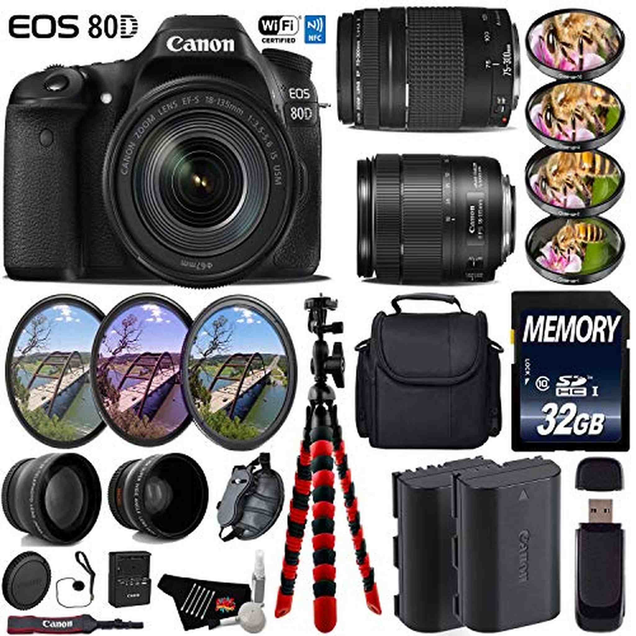 Canon EOS 80D DSLR Camera & 18-135mm is STM Lens & 75-300mm III Lens + UV FLD CPL Filter Kit + 4 PC Macro Kit Deluxe Bundle Canon