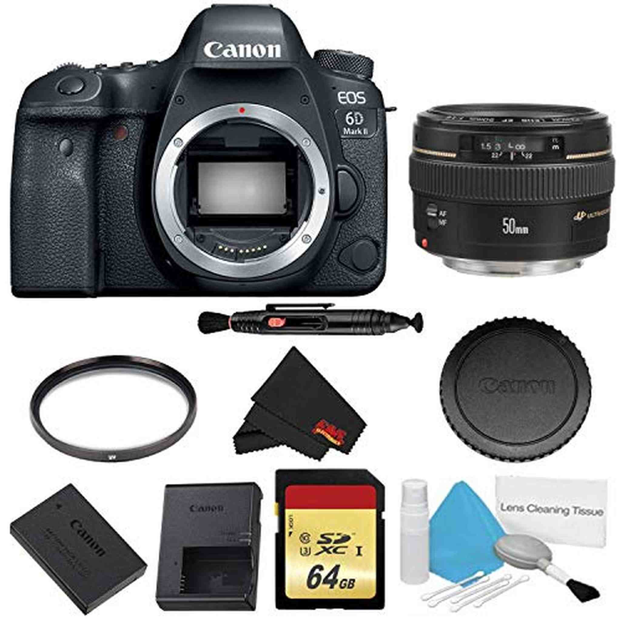 Canon EOS 6D Mark II DSLR Camera Body Only Basic Filter w/Memory Bundle + Bonus Canon EF 50mm f/1.4 USM Lens - Interna Canon