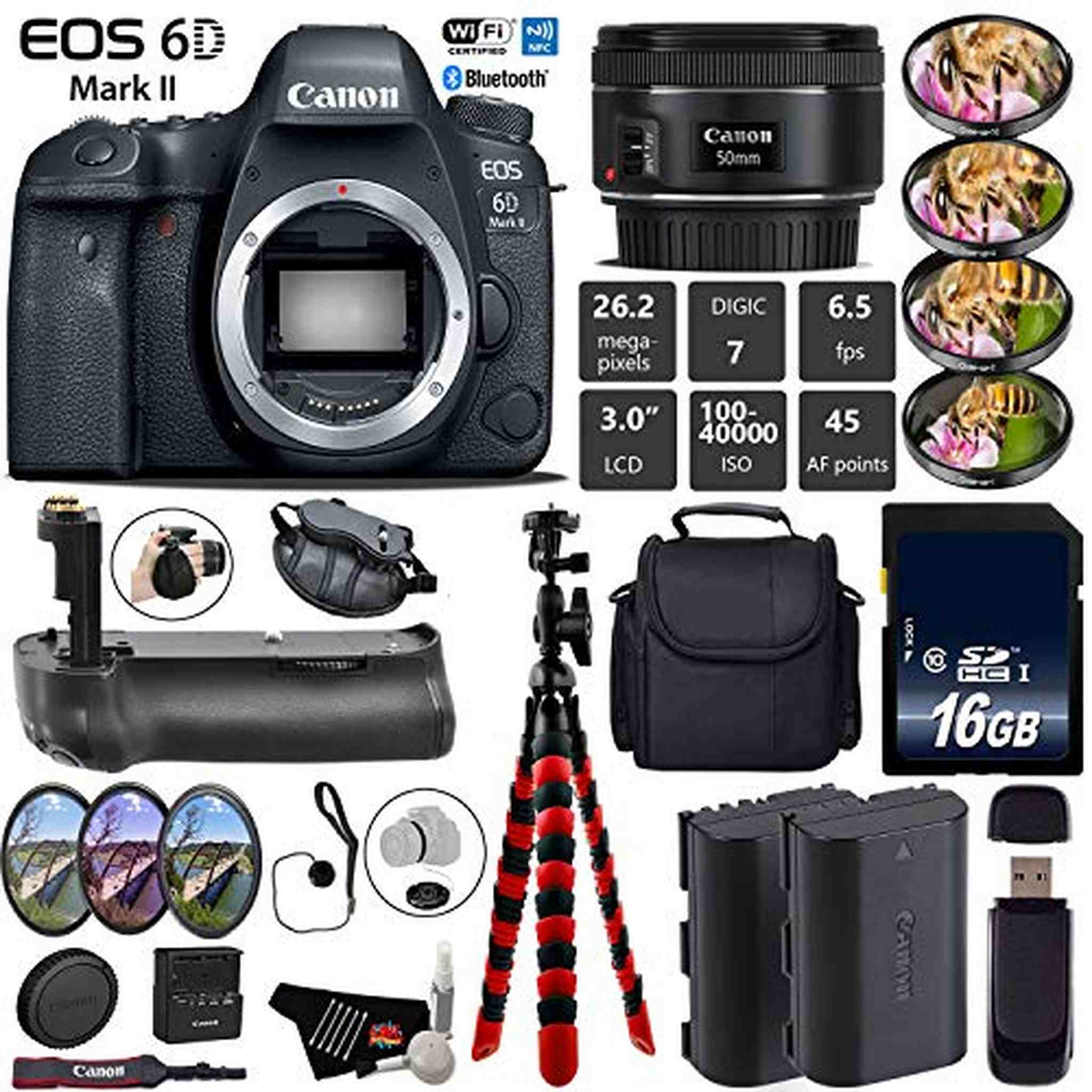 Canon EOS 6D Mark II DSLR Camera With 50mm 1.8 STM Lens + Professional Battery Grip + 4PC Macro Filter Kit + LED Kit Base Bundle Canon