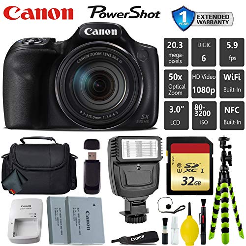 Canon PowerShot SX540 HS Digital Point and Shoot Camera + Extra Battery + Digital Flash + Camera Case + 32GB Class 10 Card Starter Bundle Canon