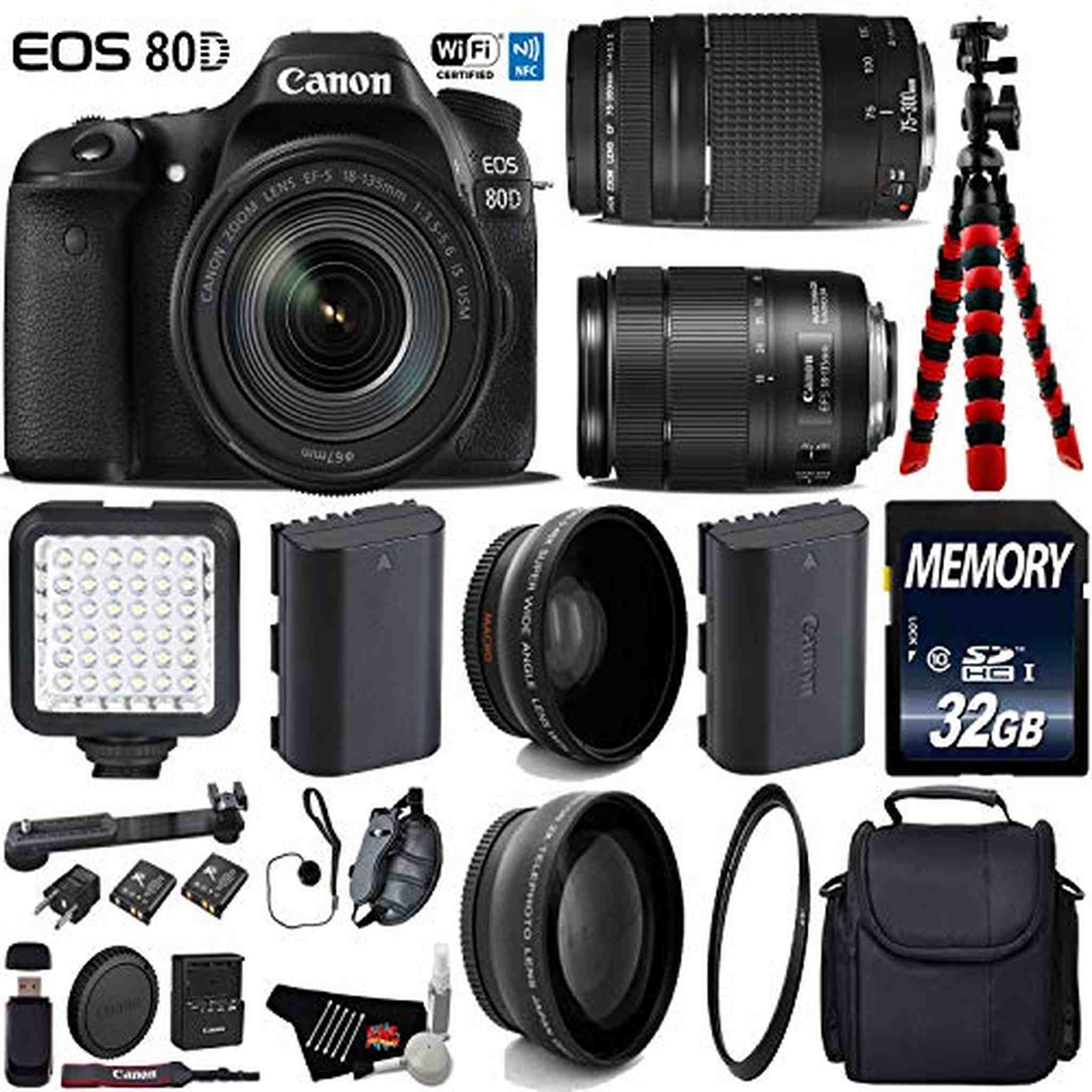 Canon EOS 80D DSLR Camera with 18-135mm is STM Lens & 75-300mm III Lens + LED + UV FLD CPL Filter Kit Ultimate Bundle Canon