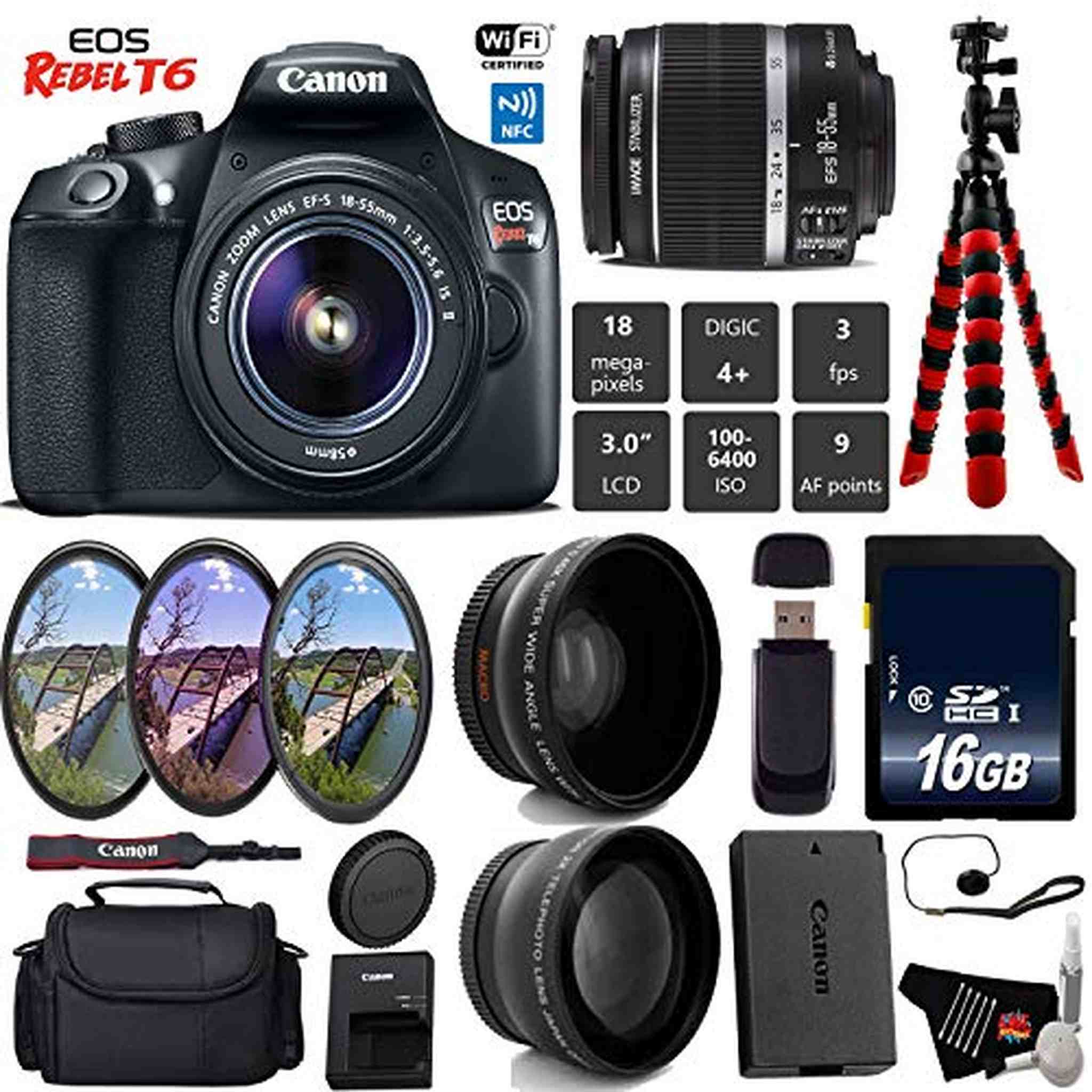 Canon EOS Rebel T6 DSLR Camera 18-55mm is II Lens + UV FLD CPL Filter Kit + Wide Angle & Telephoto Lens + Camera Case Base Bundle Canon