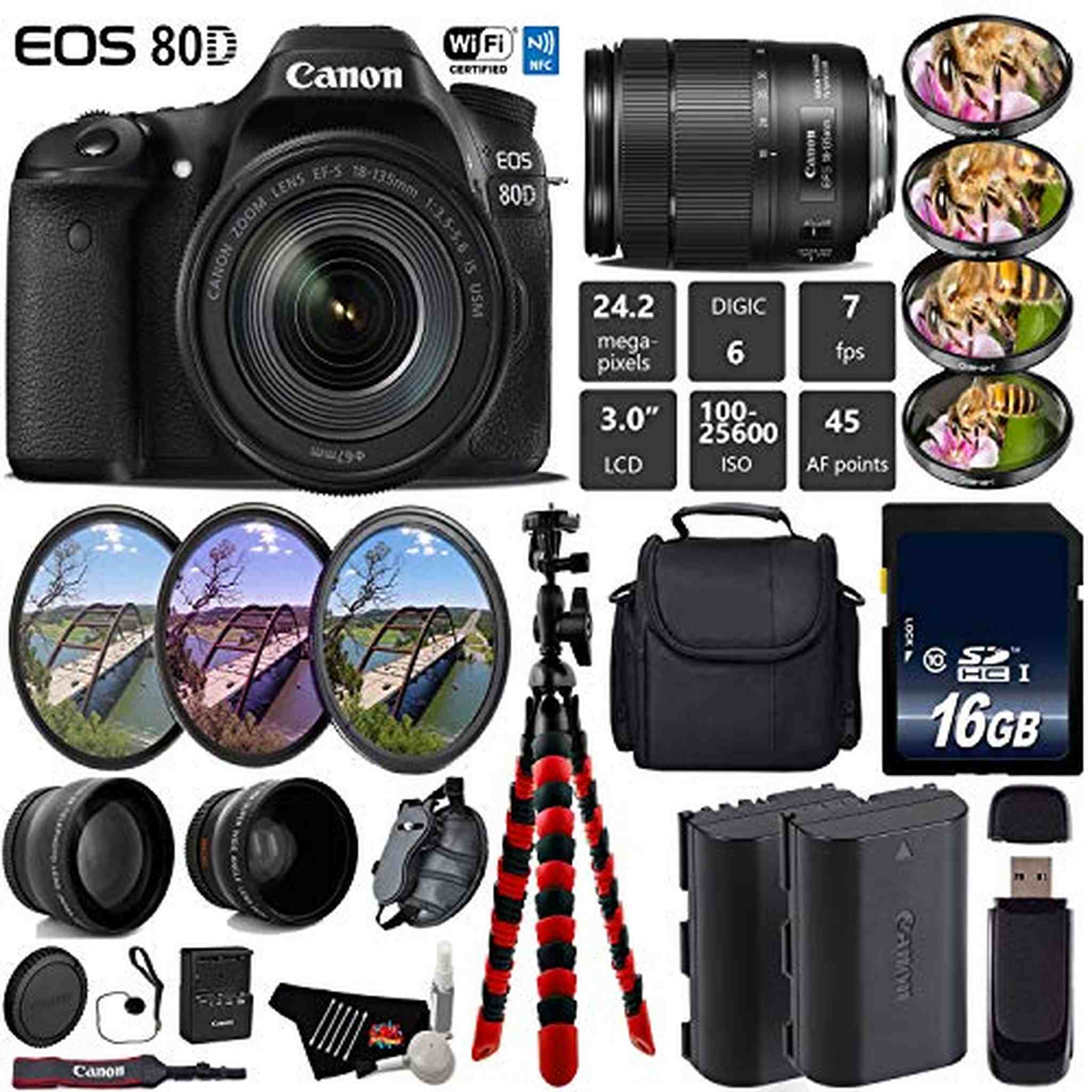 Canon EOS 80D DSLR Camera with 18-135mm is STM Lens + UV FLD CPL Filter Kit + 4 PC Macro Kit + Wide Angle & Telephoto Lens Base Bundle Canon