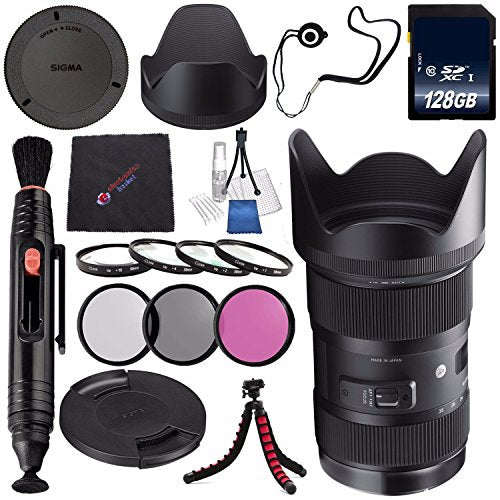 Sigma 18-35mm f/1.8 DC HSM Art Lens for Nikon F #210306 + 72mm 3 Piece Filter Kit + 128GB SDXC Memory Card + Lens Pen Cleaner + Cloth Bundle Sigma