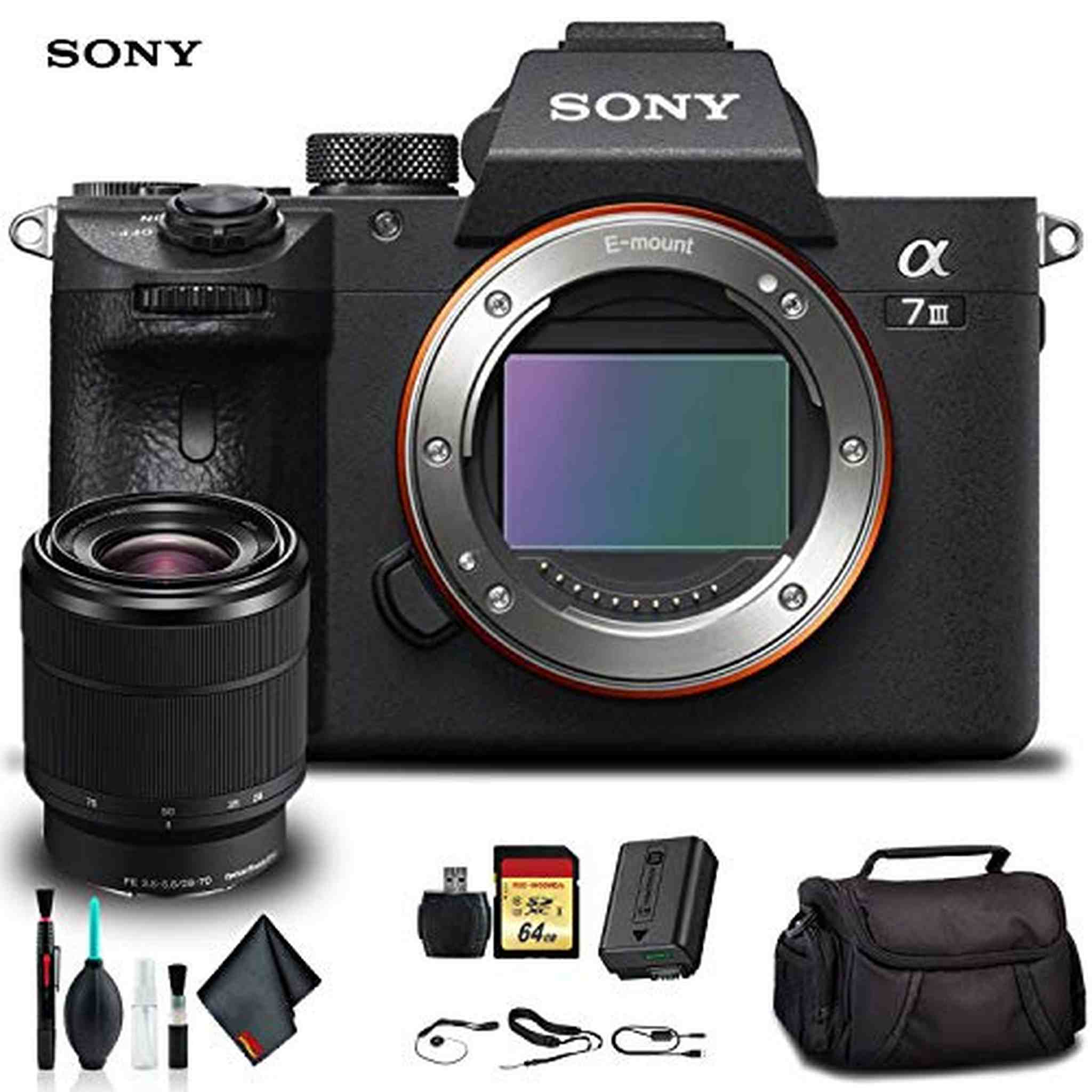 Sony Alpha a7 III Mirrorless Camera with 28-70mm Lens ILCE7M3K/B With Soft Bag, 64GB Memory Card, Card Reader , Plus Essential Accessories Sony