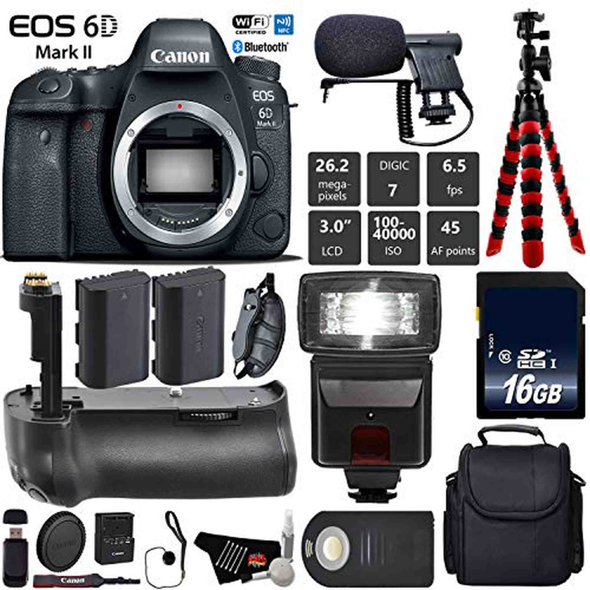 Canon EOS 6D Mark II DSLR Camera Body Only + Professional Battery Grip + Condenser Microphone + Flash + Extra Battery Base Bundle Canon