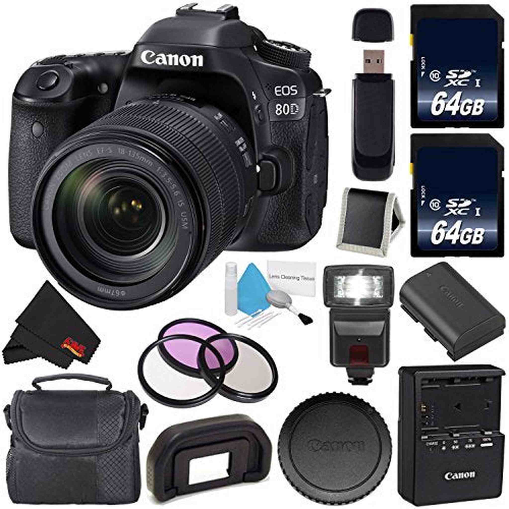 Canon EOS 80D DSLR Camera with 18-135mm Lens 1263C006 International Version + 64GB Memory Card + Carrying Case Bundle Canon