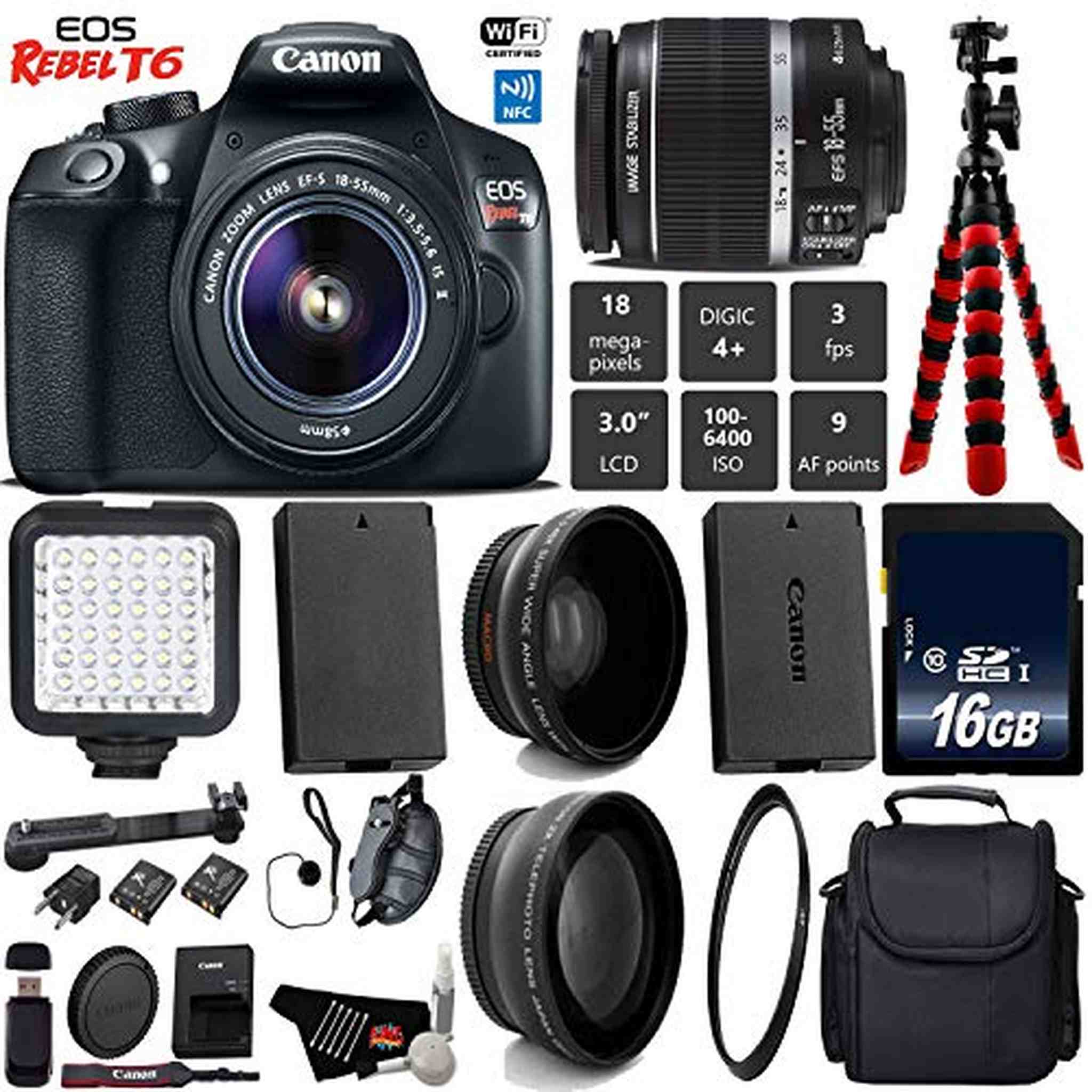 Canon EOS Rebel T6 DSLR Camera 18-55mm is II Lens + LED + UV FLD CPL Filter Kit + Wide Angle & Telephoto Lens + Camera C Canon