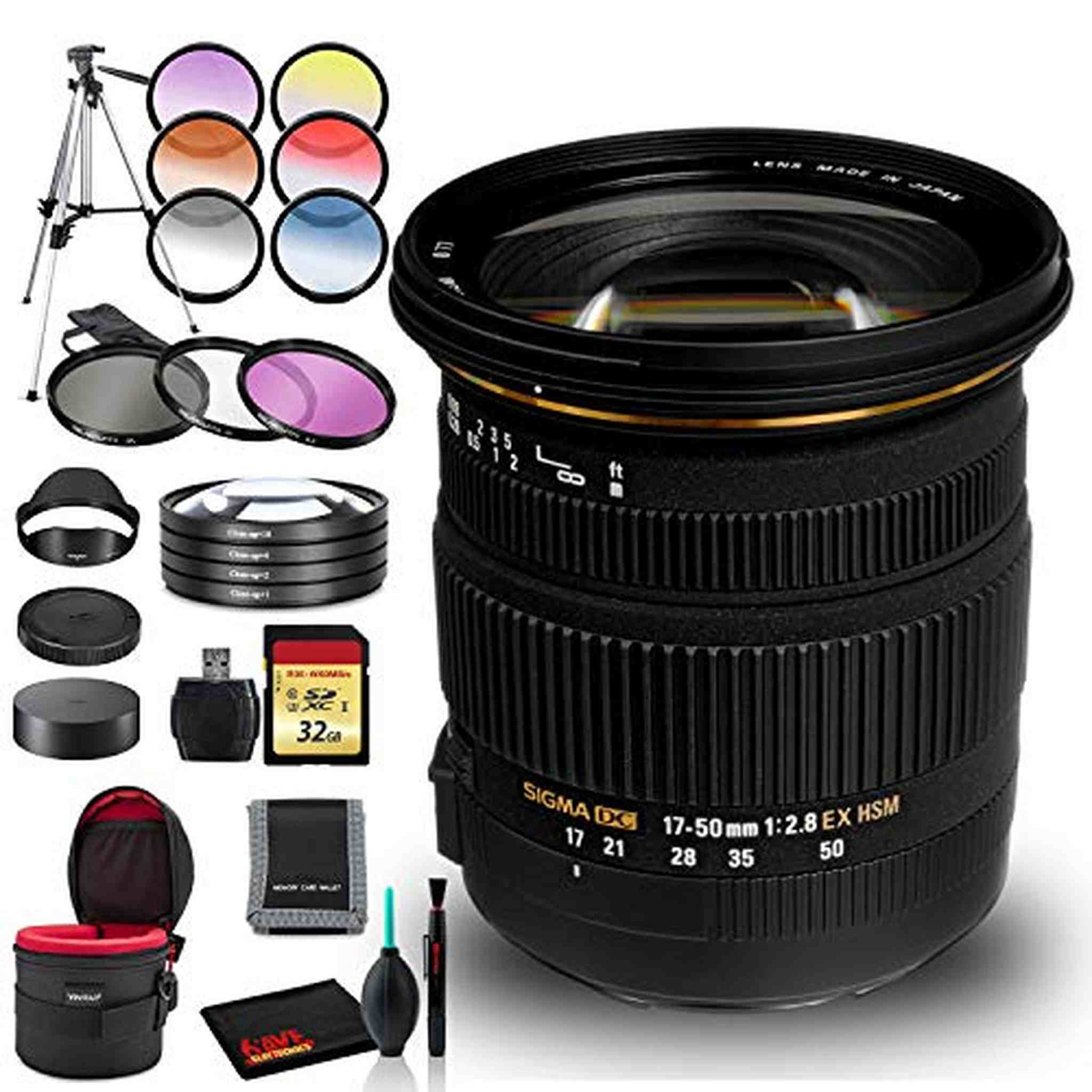 Sigma 17-50mm f/2.8 EX DC OS HSM Lens for Nikon F with Cleaning Kit, Tripod, 32GB Memory, Filters, and Padded Lens Case Bundle Sigma