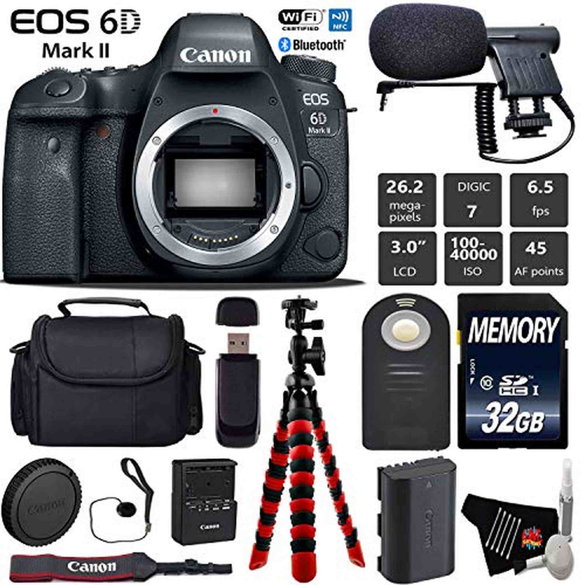 Canon EOS 6D Mark II DSLR Camera Body Only + Wireless Remote + Condenser Microphone + Case + Wrist Strap + Tripod Starter Bundle Canon