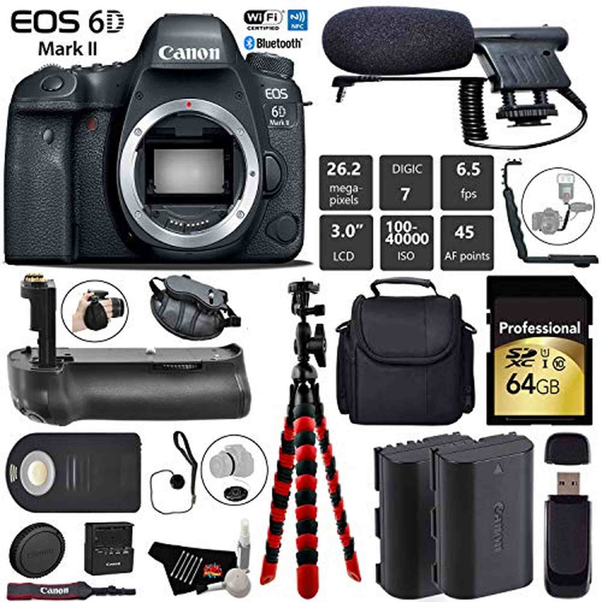 Canon EOS 6D Mark II DSLR Camera Body Only + Professional Battery Grip + Condenser Microphone + Extra Battery + Case Pro Bundle Canon