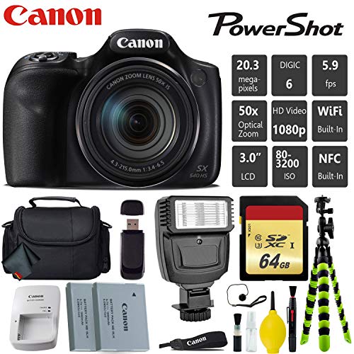 Canon PowerShot SX540 HS Digital Point and Shoot 20MP Camera + Extra Battery + Digital Flash + Camera Case + 64GB Class Canon