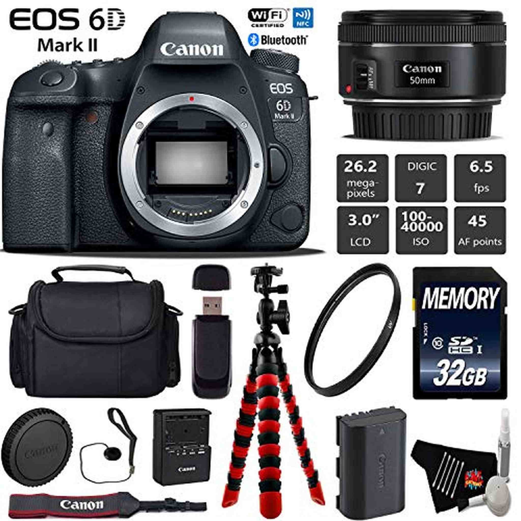 Canon EOS 6D Mark II DSLR Camera with 50mm f/1.8 STM Lens + Wireless Remote + UV Protection Filter + Case + Wrist Strap Starter Bundle Canon