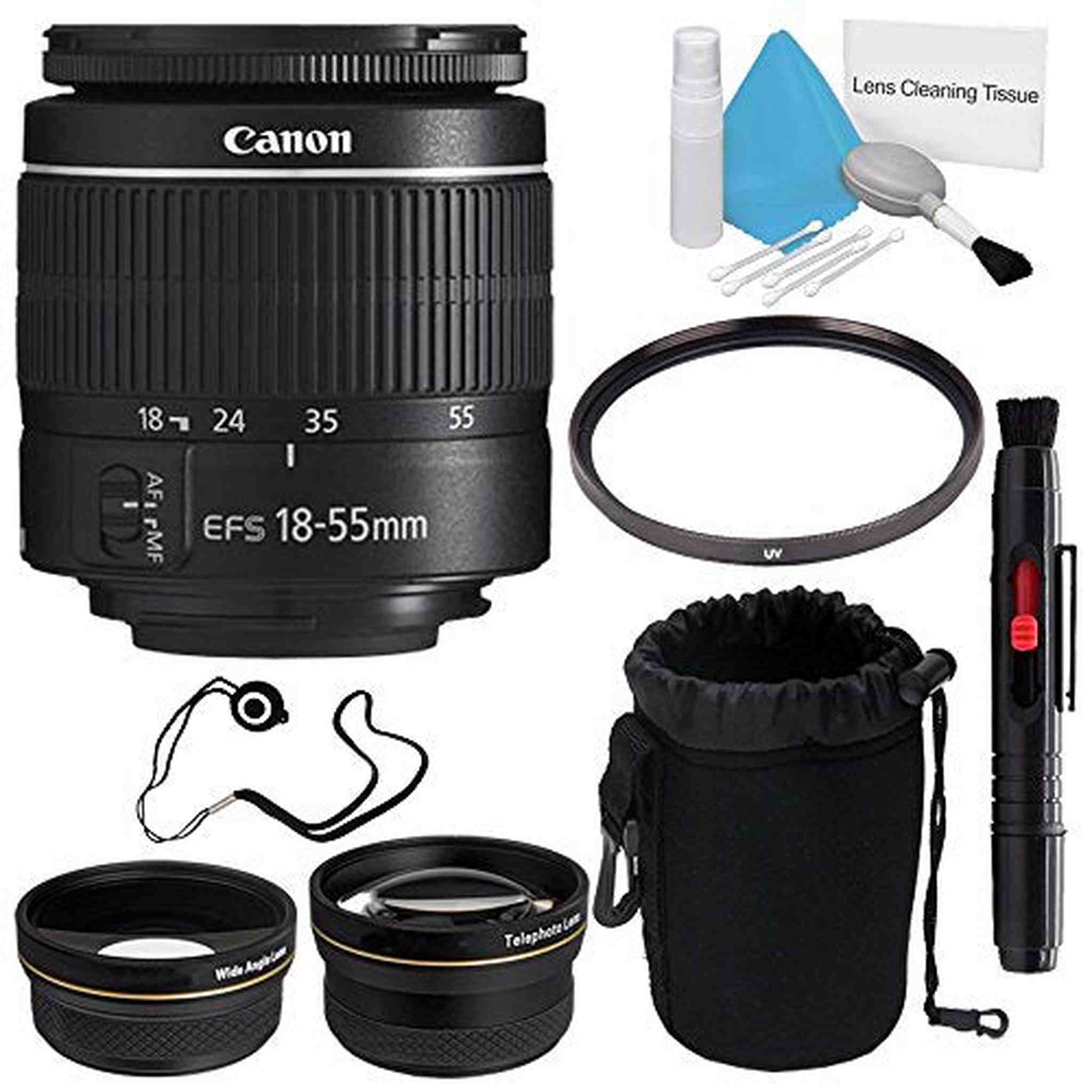 Canon EF-S 18-55mm f/3.5-5.6 III Lens International Model + 58mm Wide Angle Lenses + 58mm UV Filter + Deluxe Lens Pouc Canon