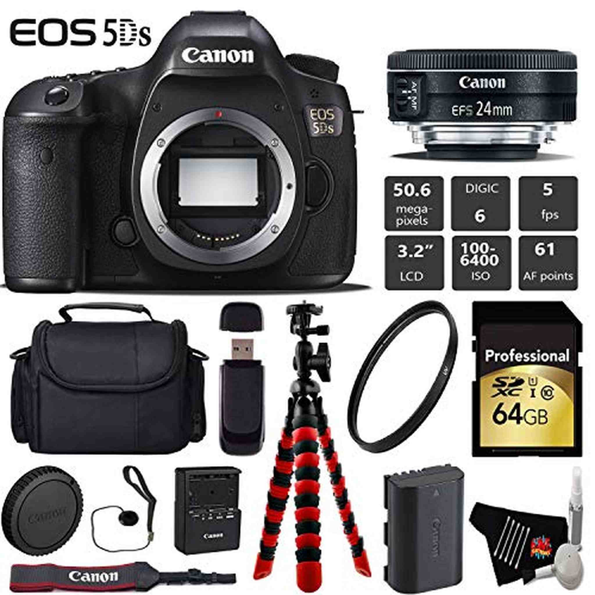 Canon EOS 5DS DSLR Camera with 24mm f/2.8 STM Lens + Wireless Remote + UV Protection Filter + Case + Wrist Strap Pro Bundle Canon