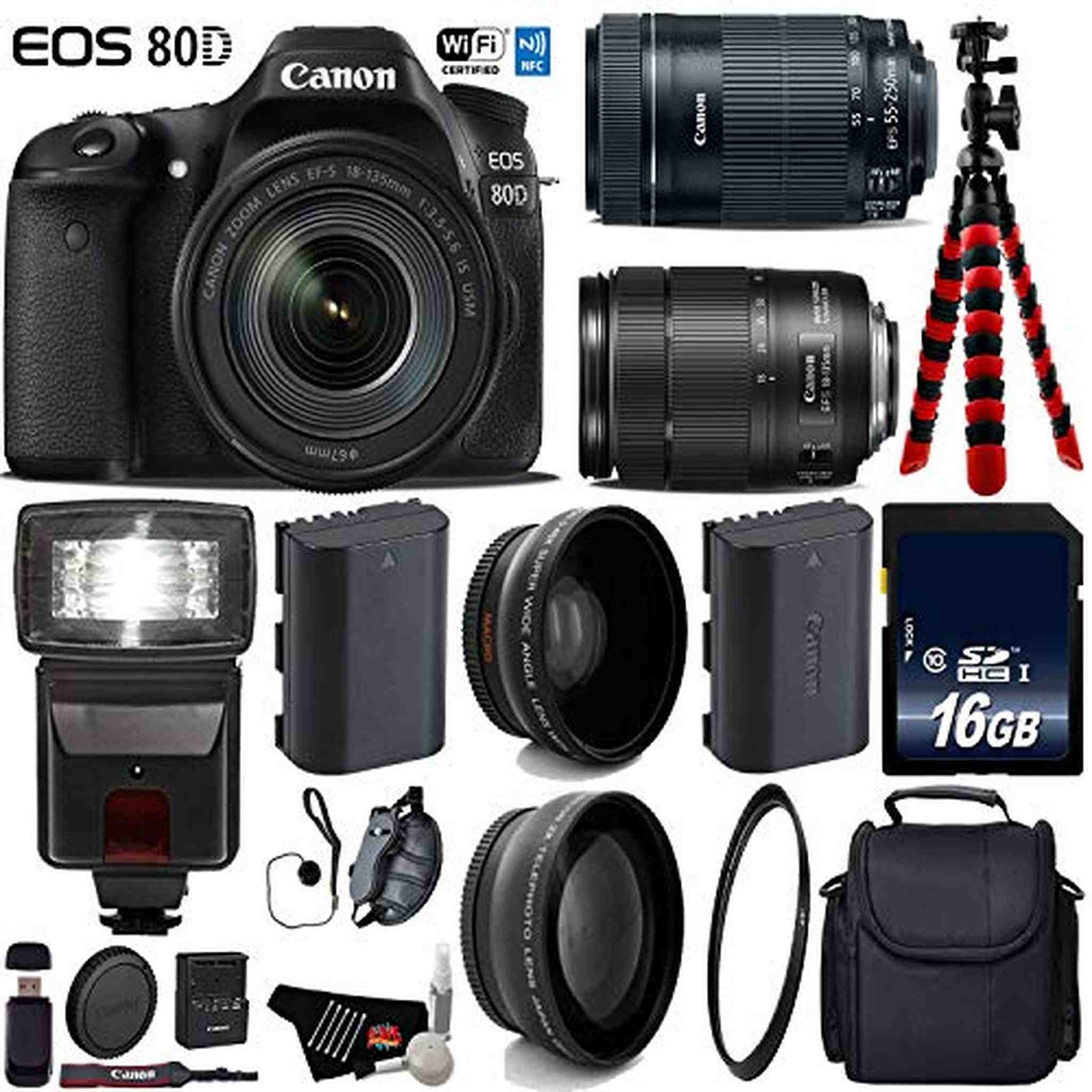 Canon EOS 80D DSLR Camera with 18-135mm is STM Lens & 55-250mm is STM Lens + Flash + UV FLD CPL Filter Kit Deluxe Bundle Canon