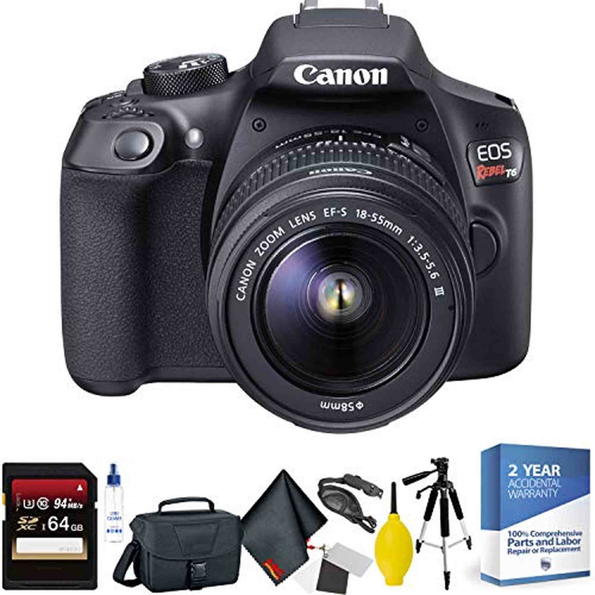 Canon EOS Rebel T6 DSLR Camera with 18-55mm and 75-300mm Lenses Kit + 64GB Memory Card + Mega Accessory Kit + 2 Year Accidental Warranty Bundle Canon