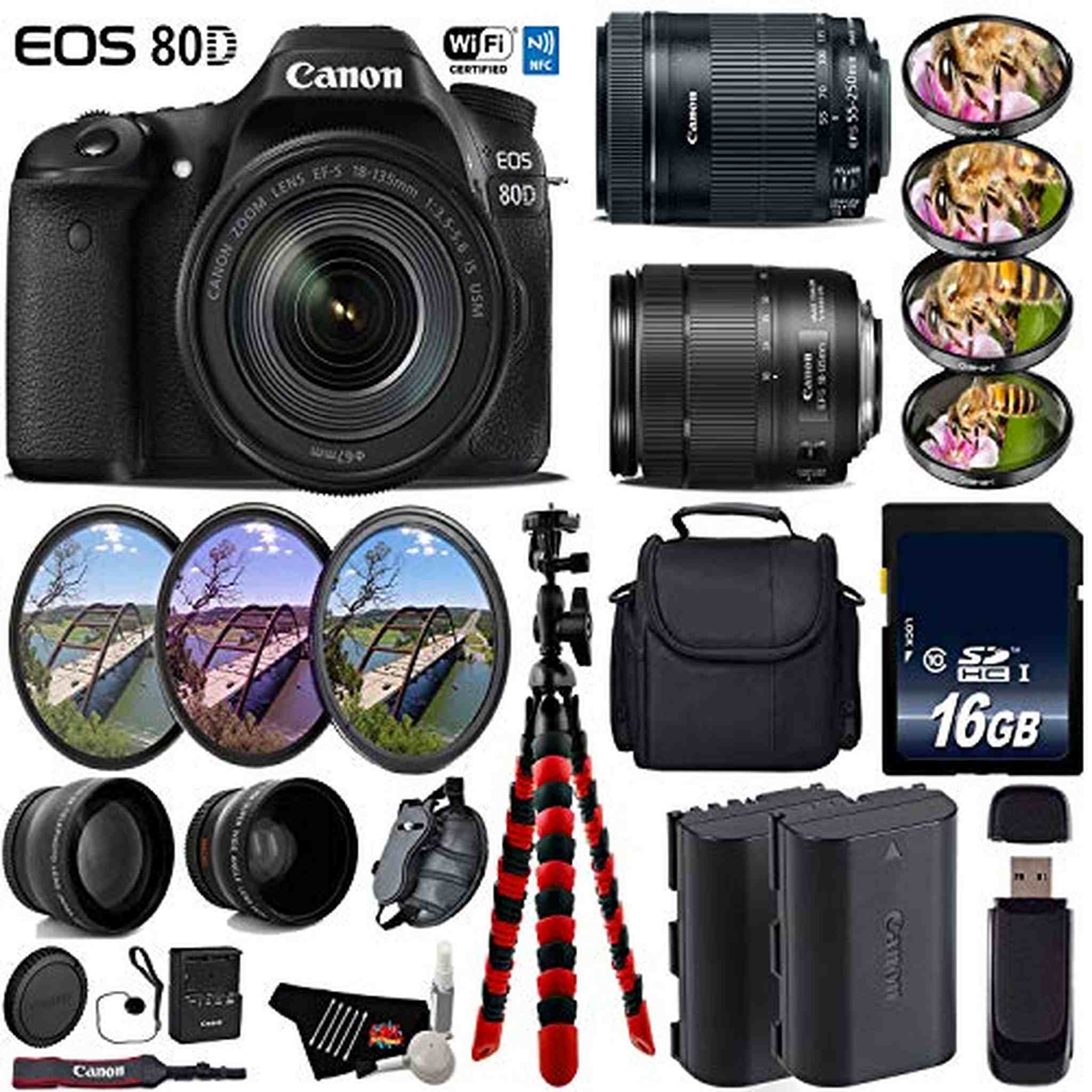 Canon EOS 80D DSLR Camera + 18-135mm STM Lens & 55-250mm is STM Lens + UV FLD CPL Filter Kit + 4 PC Macro Kit Deluxe Bundle Canon