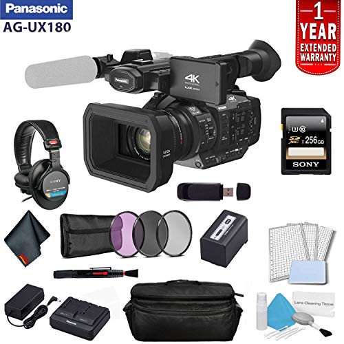 Panasonic AG-UX180 4K Premium Professional Camcorder Bundle with 1 Year Extended Warranty, Sony MDR-7506 Headphones + So Panasonic