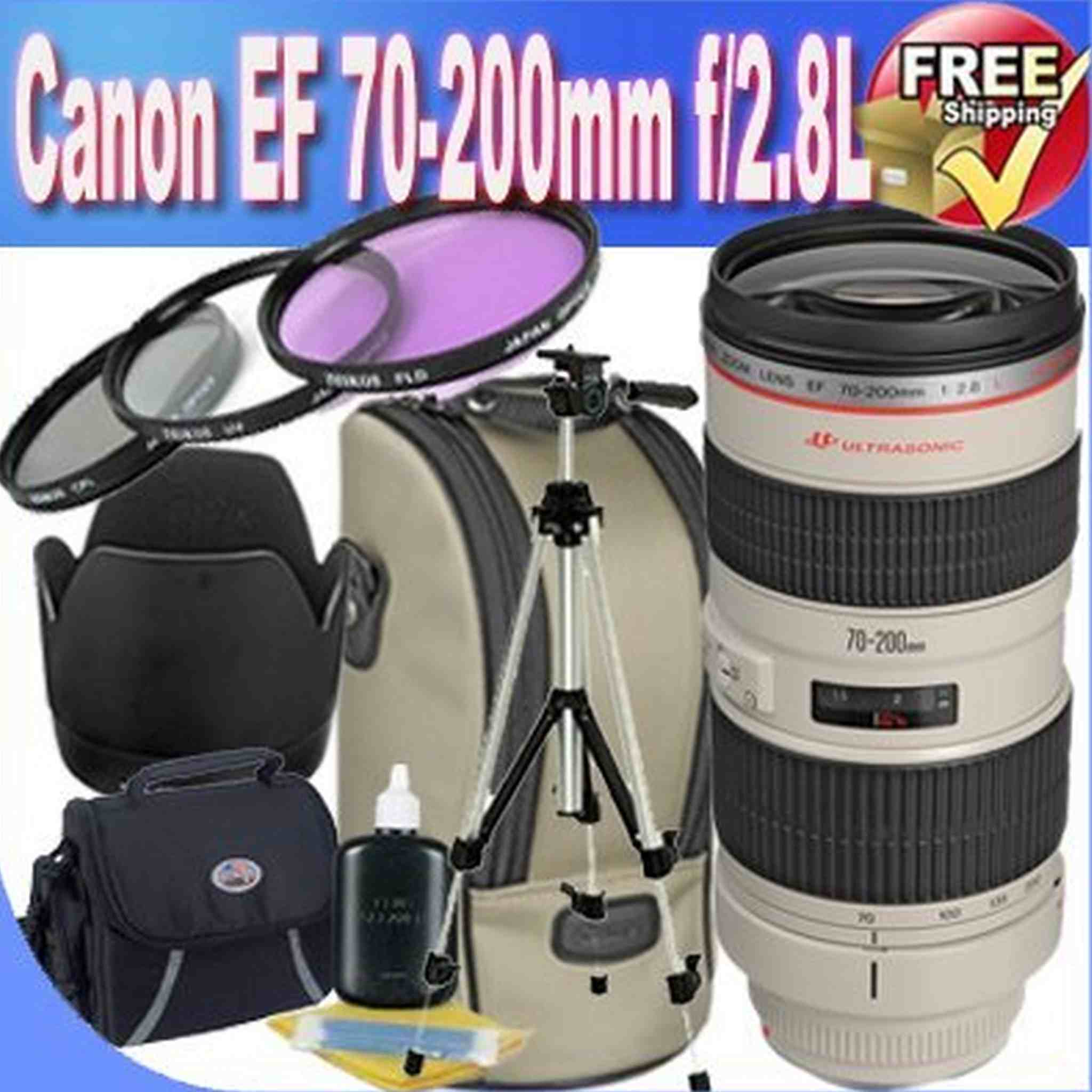 Canon EF 70-200mm f/2.8L USM Telephoto Zoom Lens + 77mm 3 Piece Professional Filter Kit + Lens Case + Professional Full Size Tripod + Shock Proof Deluxe SLR Case + Lens & Camera Cleaning Kit Bundle Canon