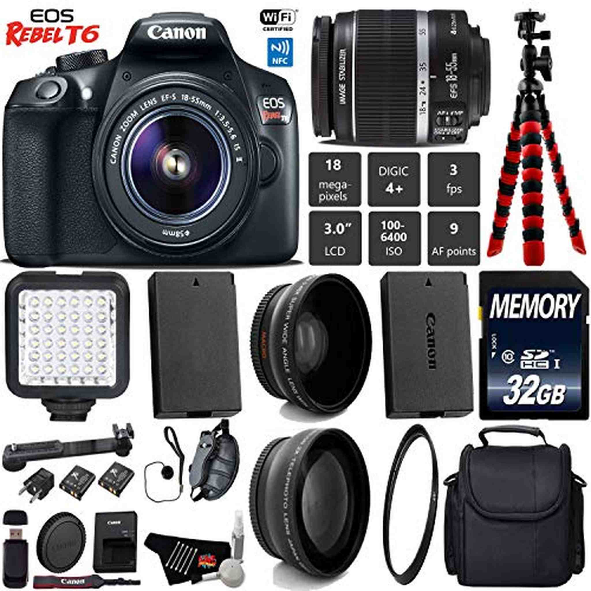 Canon EOS Rebel T6 DSLR Camera with 18-55mm is II Lens + LED + UV FLD CPL Filter Kit + Wide Angle & Telephoto Lens Starter Bundle Canon