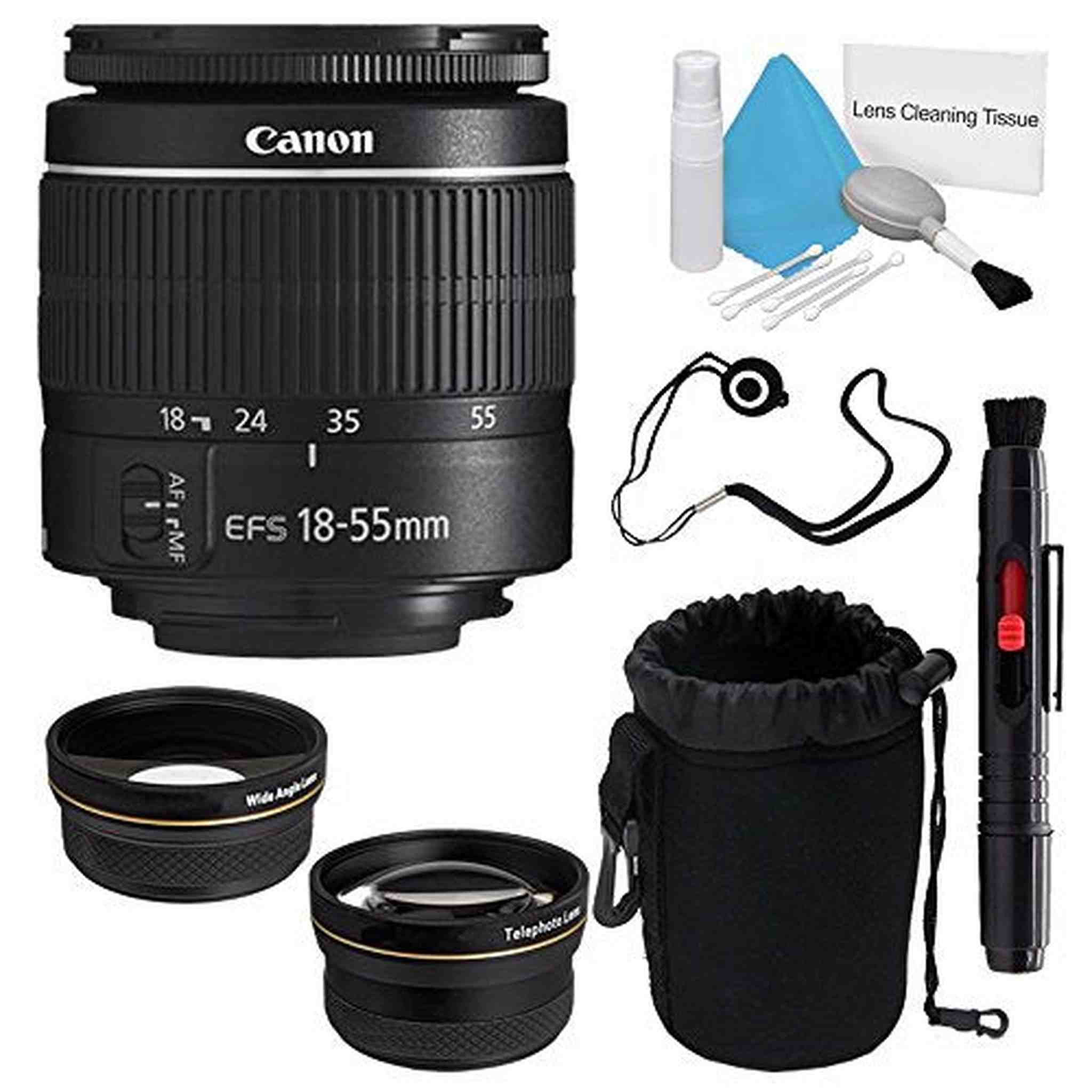 Canon EF-S 18-55mm f/3.5-5.6 III Lens International Model + 58mm Wide Angle Lenses + Deluxe Lens Pouch + Deluxe Cleani Canon