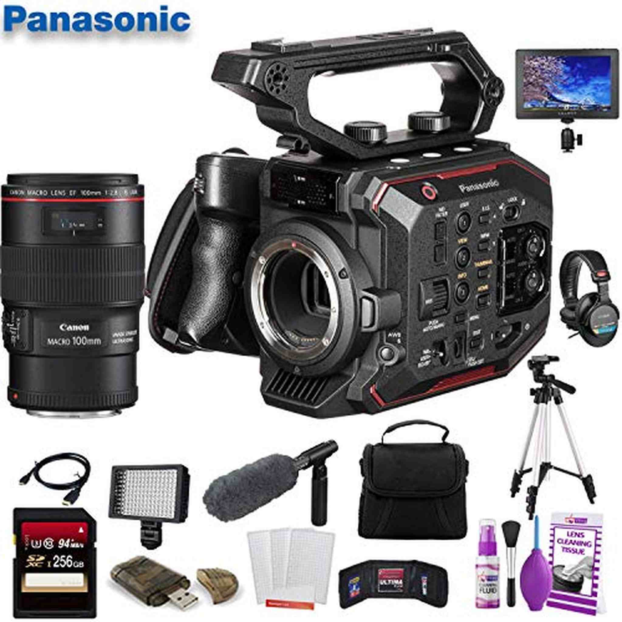 Panasonic AU-EVA1 Compact 5.7K Super 35mm Cinema Camera AU-EVA1PJ W/ Canon EF 100mm f/2.8L Lens , 256GB Memory Card, Bag, Tripod Bundle Panasonic