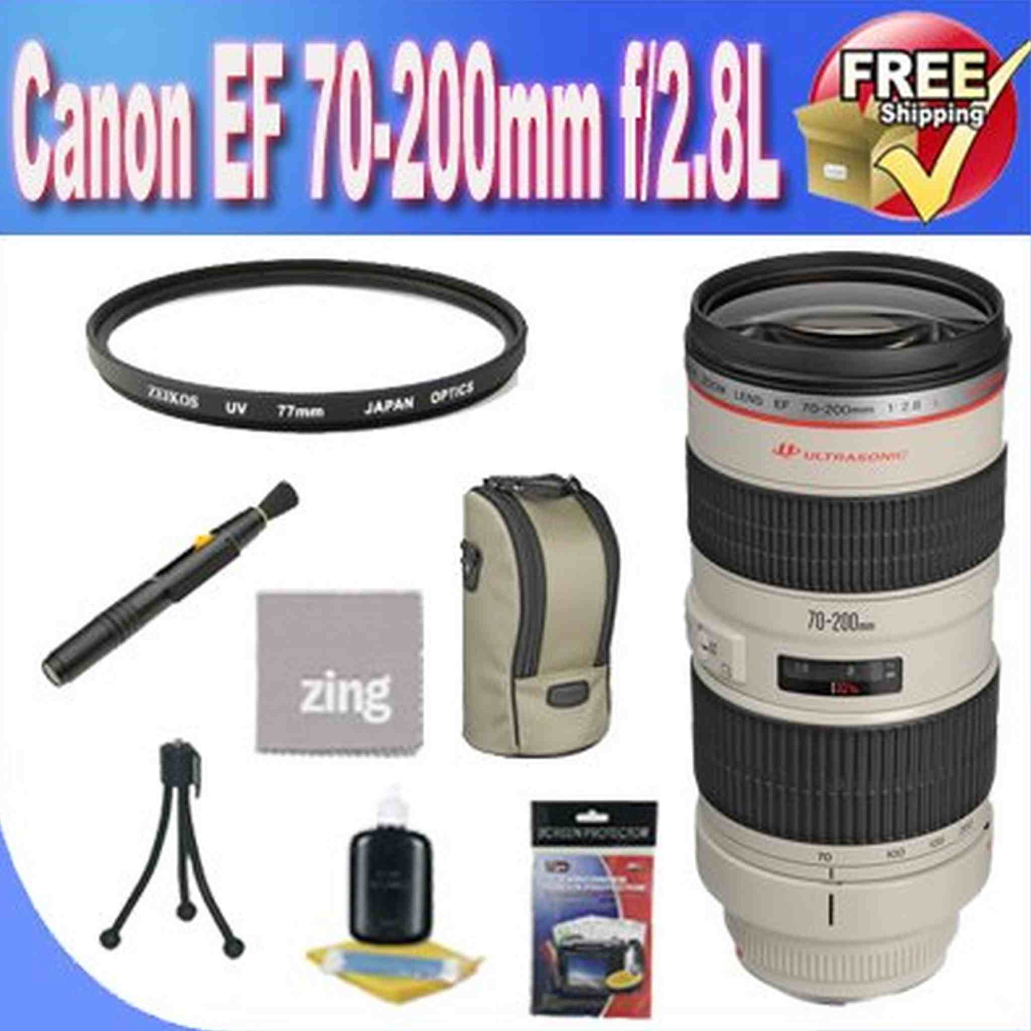 Canon EF 70-200mm f/2.8L USM Telephoto Zoom Lens + UV Filter + Lens Case + Zing Microfiber Cleaning Cloth + Lens Pen Cleaner + Lens Accessory Saver Bundle Canon