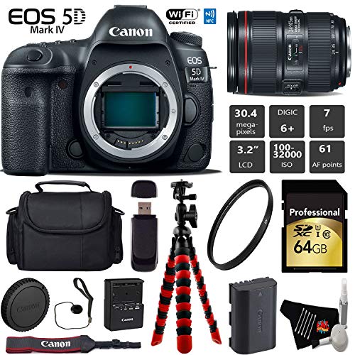 Canon EOS 5D Mark IV DSLR Camera with 24-105mm f/4L II Lens + Wireless Remote + UV Protection Filter + Case Pro Bundle Canon