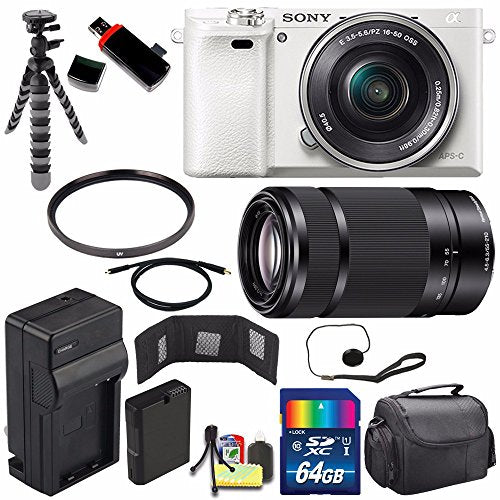 Sony Alpha a6000 Mirrorless Digital Camera with 16-50mm Lens White + Sony E 55-210mm f/4.5-6.3 OSS E-Mount Lens 64GB Bundle Sony