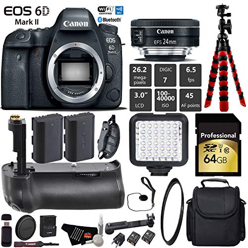 Canon EOS 6D Mark II DSLR Camera With 24mm 2.8 STM Lens + Professional Battery Grip + UV Protection Filter + LED Kit Pro Bundle Canon