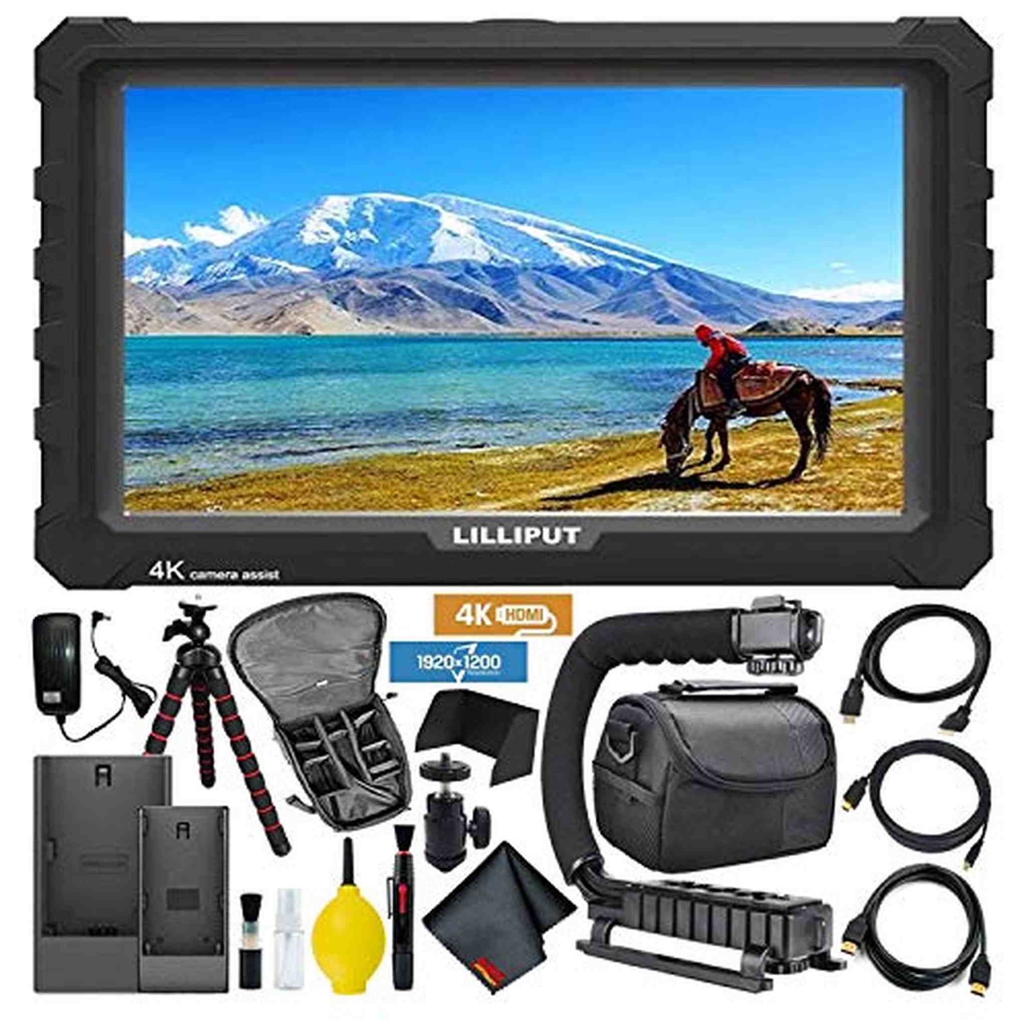 Lilliput A7S Full HD 7 Inch IPS Video Camera Field Monitor w/ 4K Support Black Case HDMI Ports Advanced Bundle w/ Stabilizing Handle, Tripod, HDMI Lilliput