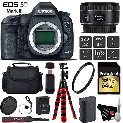 Canon EOS 5D Mark III DSLR Camera with 50mm f/1.8 STM Lens + Wireless Remote + UV Protection Filter + Case + Wrist Strap Pro Bundle Canon