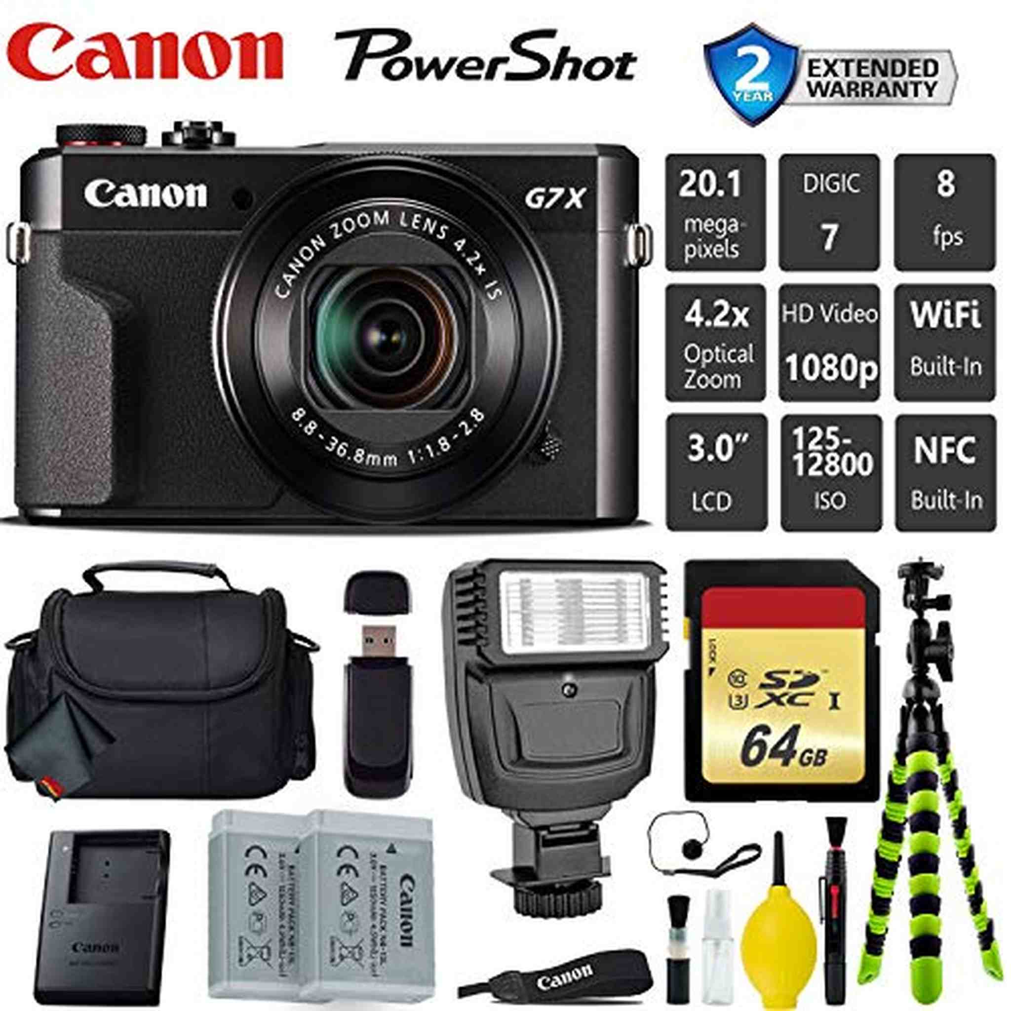 Canon PowerShot G7 X Mark II Point and Shoot Digital Camera + Extra Battery + Digital Flash + Camera Case + 64GB Class 1 Card Professional Bundle Canon