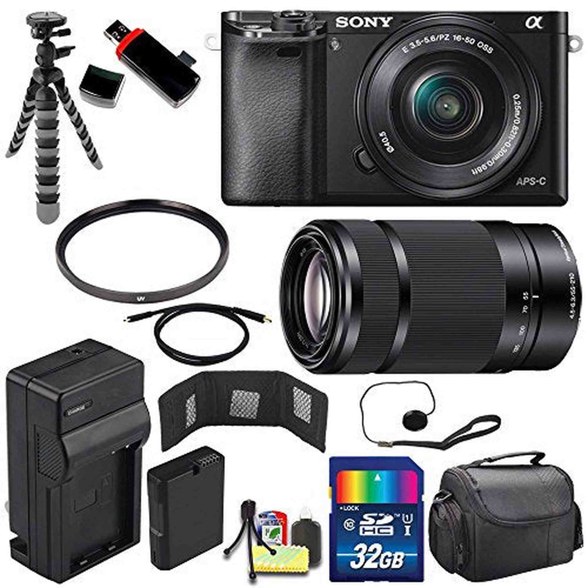 Sony Alpha a6000 Mirrorless Digital Camera with 16-50mm Lens Black + Sony E 55-210mm f/4.5-6.3 OSS E-Mount Lens 32GB Advanced Bundle Sony