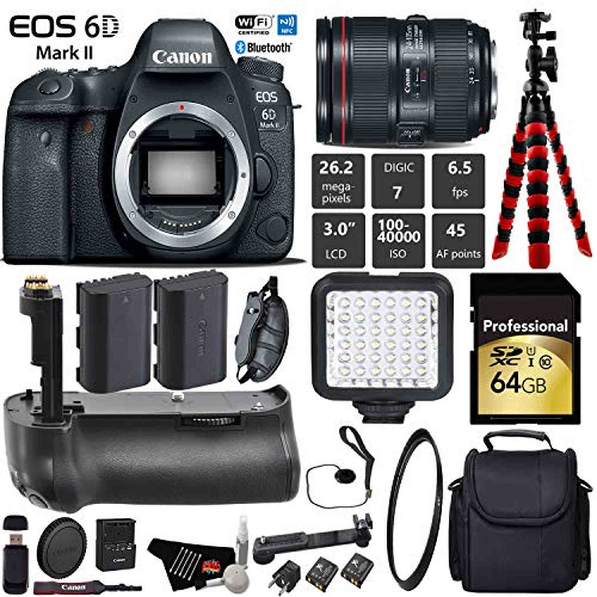 Canon EOS 6D Mark II DSLR Camera with 24-105mm f/4L II Lens + Professional Battery Grip + UV Filter + LED Kit Pro Bundle Canon