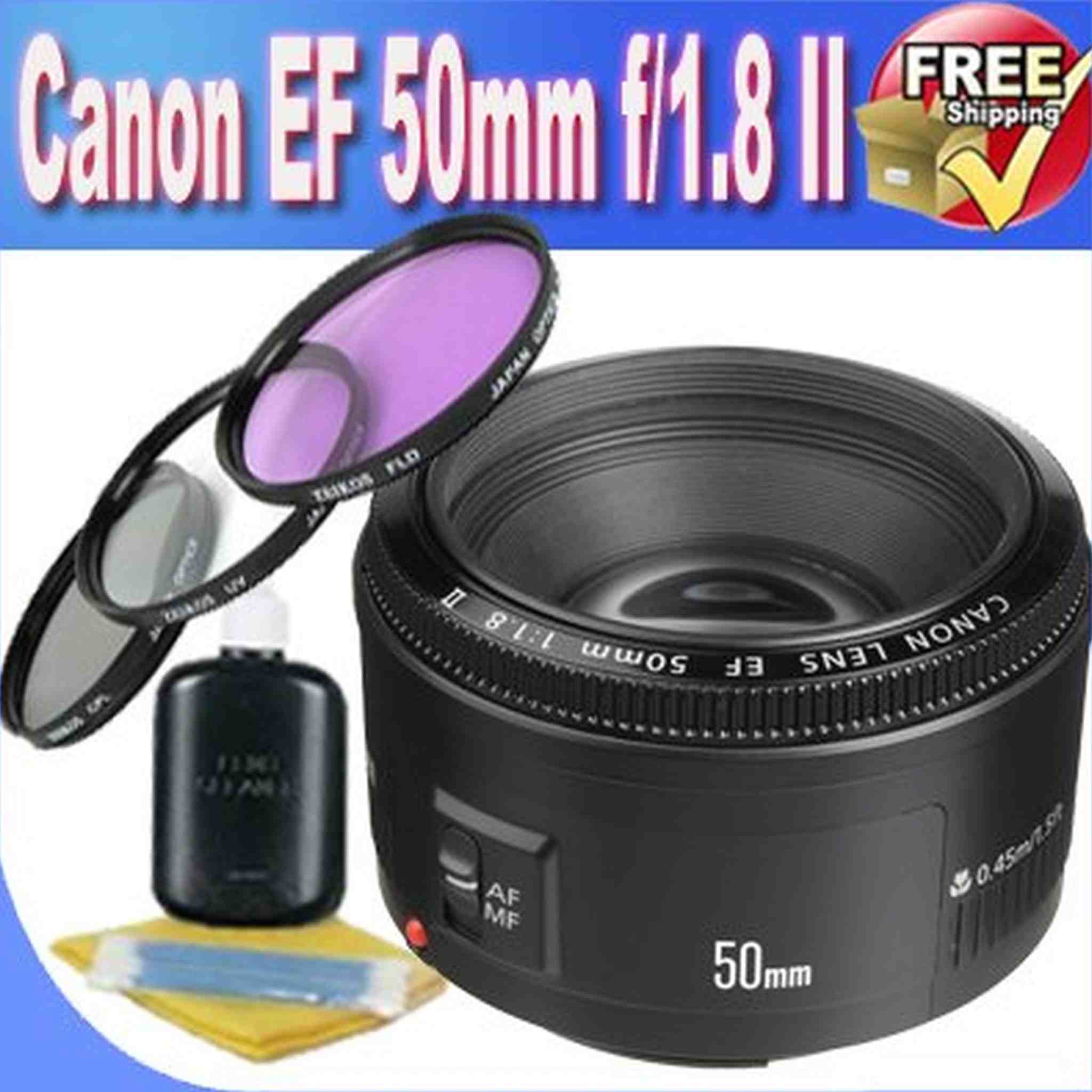 Canon EF 50mm f/1.8 II Camera Lens + 52mm 3 Piece Professional Filter Kit + Lens & Camera Cleaning Kit Bundle Canon