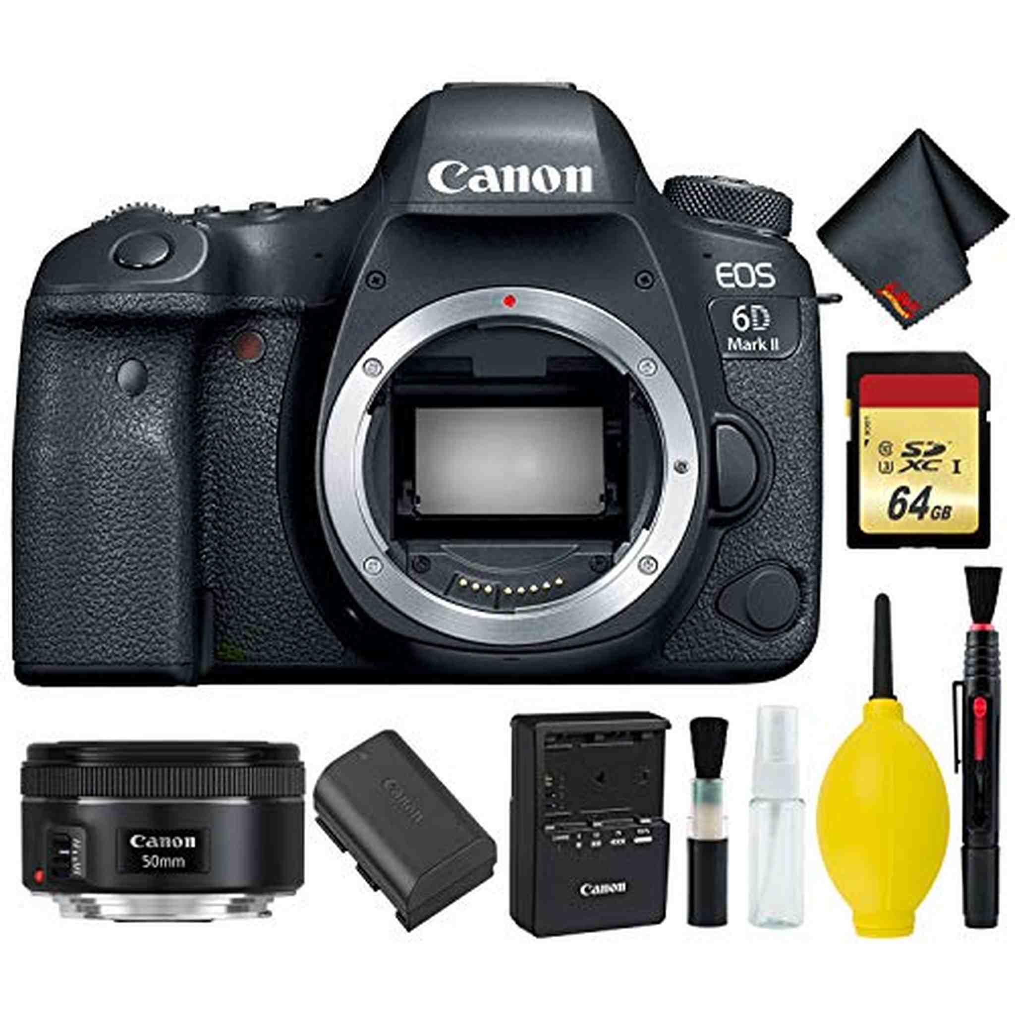 Canon EOS 6D Mark II DSLR Camera Body Only Memory Kit International Model w/Canon EF 50mm f/1.8 STM Lens - Internation Canon