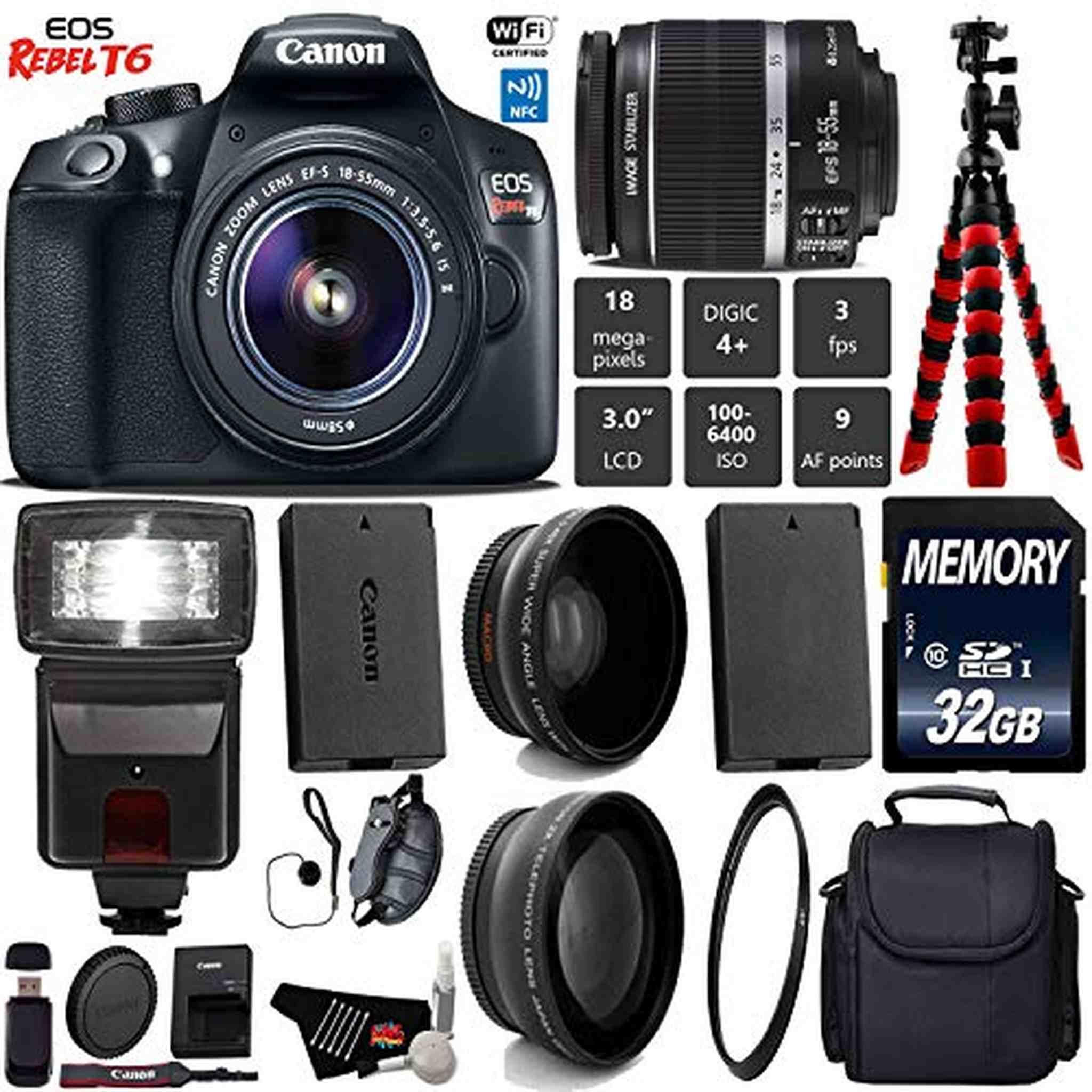 Canon EOS Rebel T6 DSLR Camera 18-55mm is II Lens + Flash + UV FLD CPL Filter Kit + Wide Angle & Telephoto Lens + Camera Starter Bundle Canon