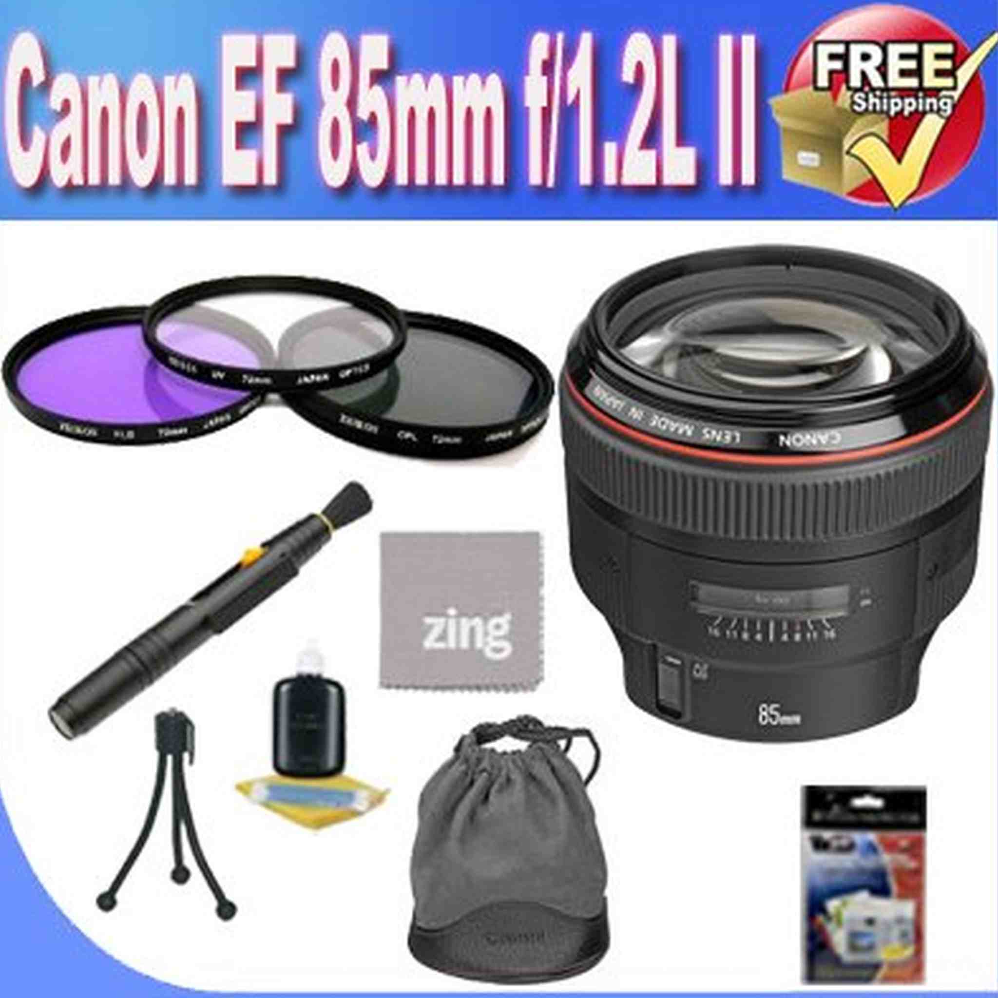 Canon EF 85mm f1.2L II USM Lens+ 3 Piece Filter Kit + Lens Case + Zing MicroFiber Cleaning Cloth + Lens Pen Cleaner + Lens Accessory Saver Bundle!! Canon