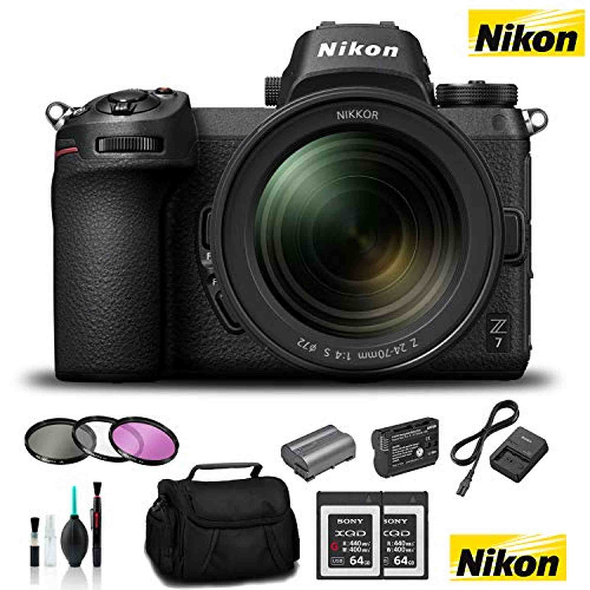 Nikon Z 7 Mirrorless FX-Format Digital Camera with 24-70mm Lens - Bundle 2X 64GB Memory Card + EN-EL15 Li-on Battery + E Nikon