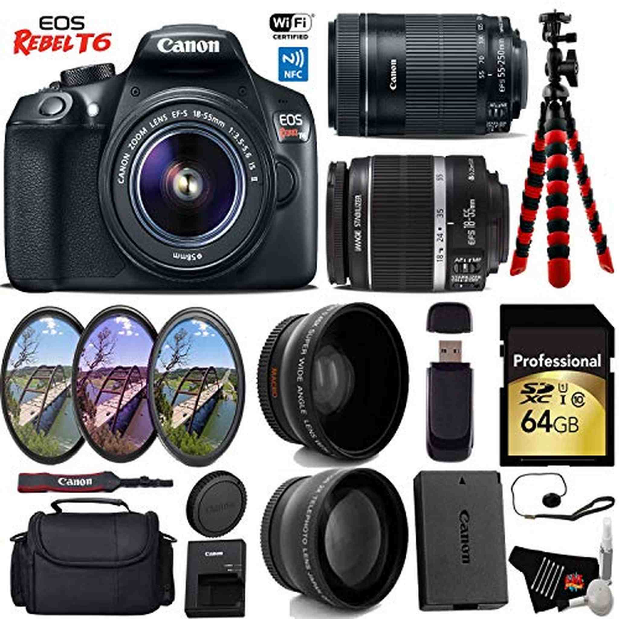 Canon EOS Rebel T6 DSLR Camera 18-55mm is Lens & 55-250mm is STM Lens + UV FLD CPL Filter Kit + Wide Angle & Telephoto L Canon