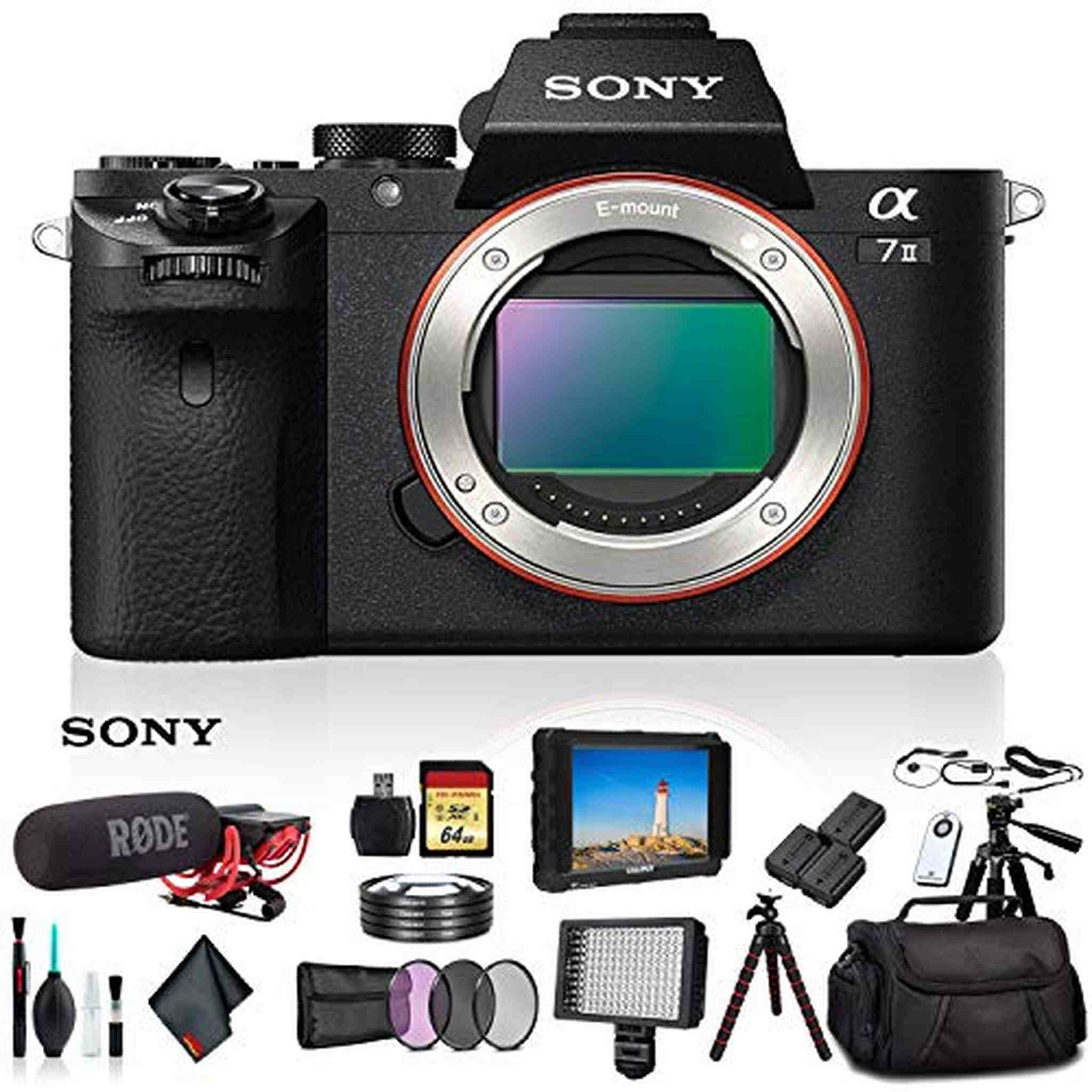 Sony Alpha a7 II Mirrorless Camera ILCE7M2/B With Soft Bag, 2x Extra Batteries, Rode Mic, LED Light, External HD Monitor, 2x 64GB Memory Card, Sling Bag, Card Reader , Plus Essential Accessories Sony